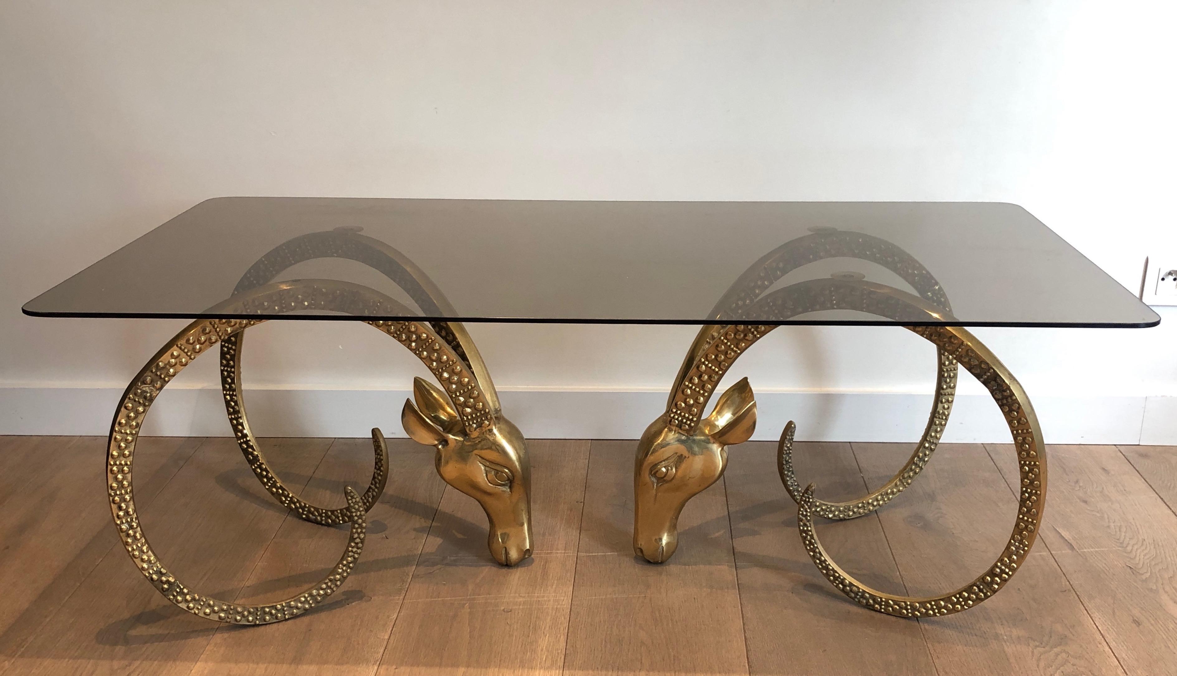 Bronze Coffee Table Representing 2 Ibex Heads, French Work by Alain Chervet, Cir 7