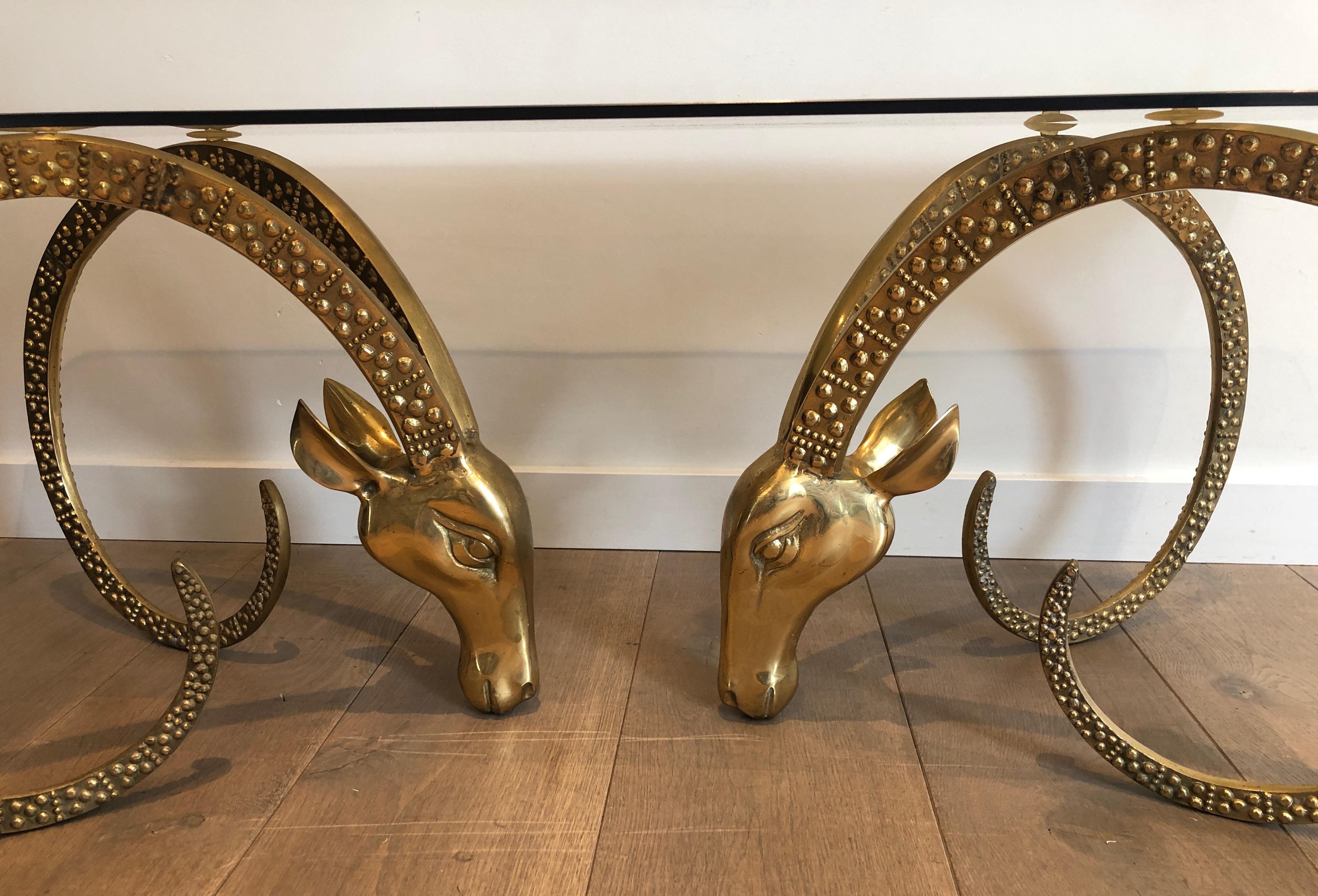 Bronze Coffee Table Representing 2 Ibex Heads, French Work by Alain Chervet, Cir 12