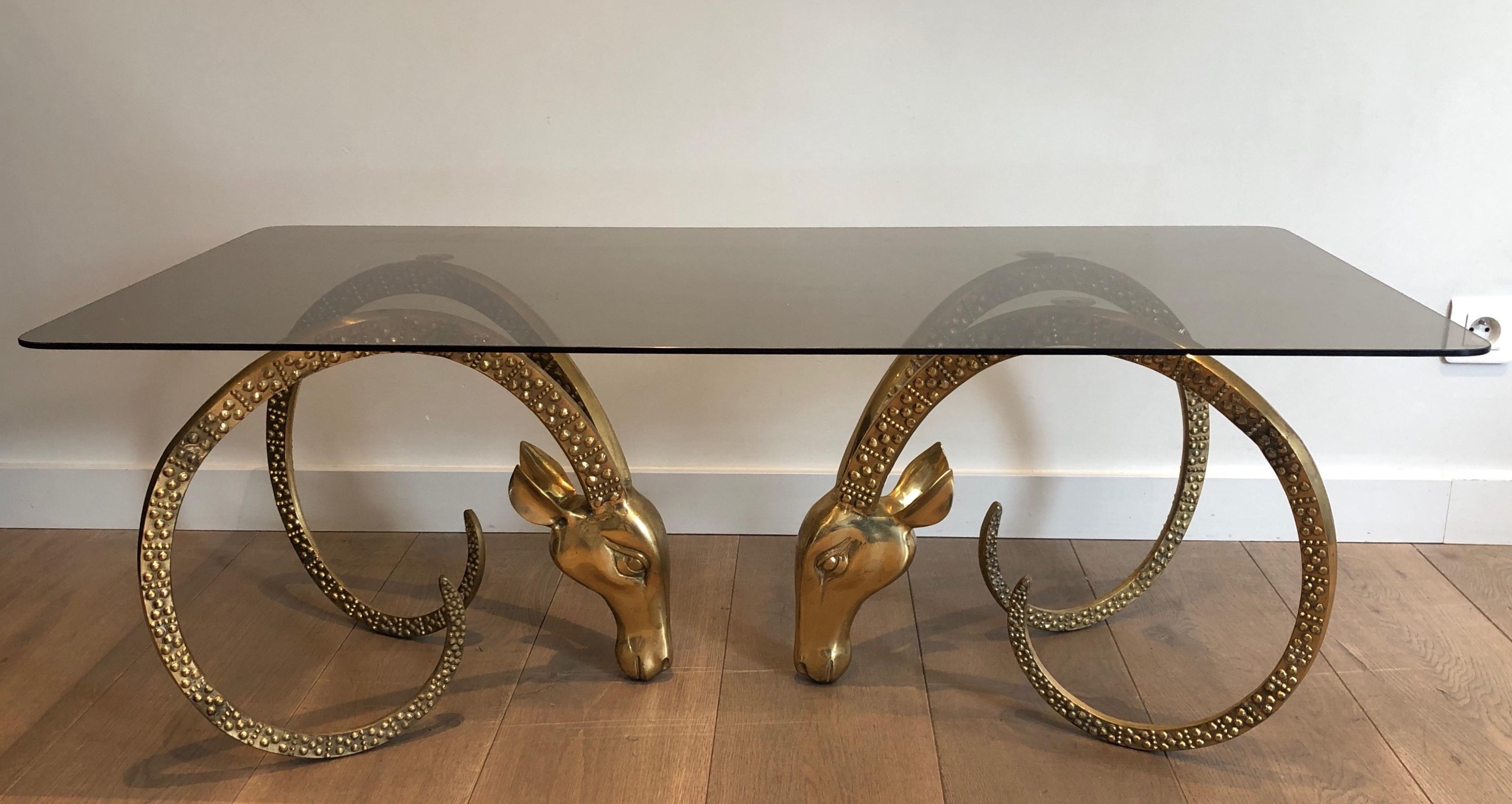 Bronze Coffee Table Representing 2 Ibex Heads, French Work by Alain Chervet, Cir 14