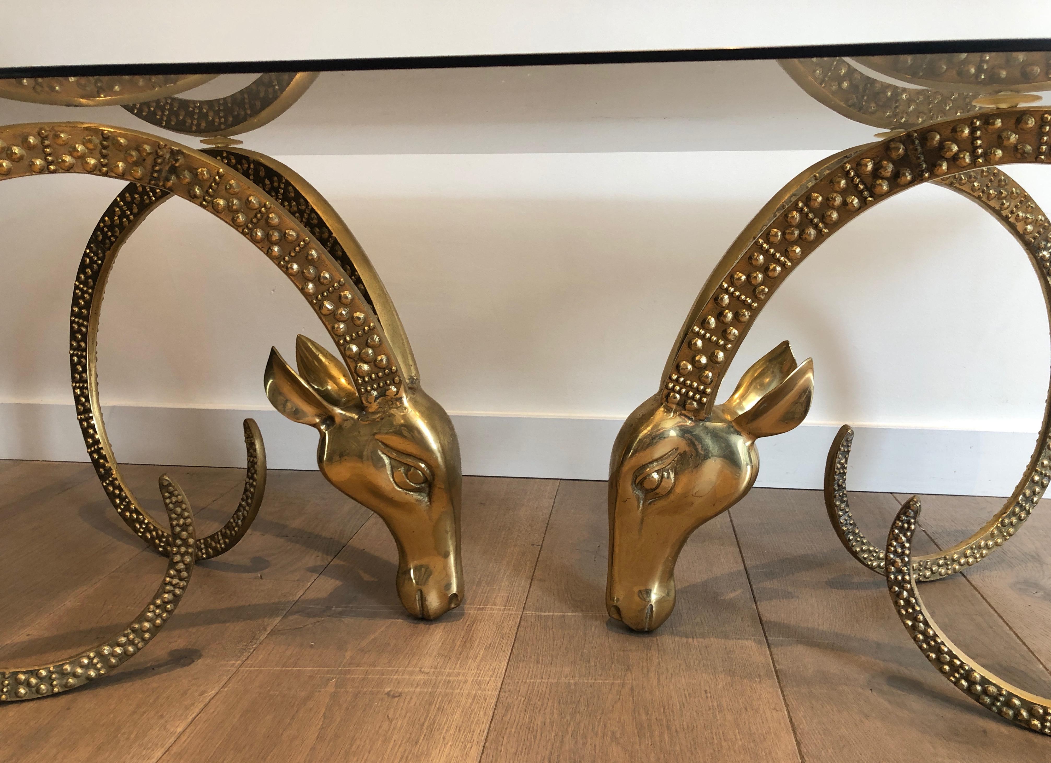 Bronze Coffee Table Representing 2 Ibex Heads, French Work by Alain Chervet, Cir In Good Condition In Marcq-en-Barœul, Hauts-de-France