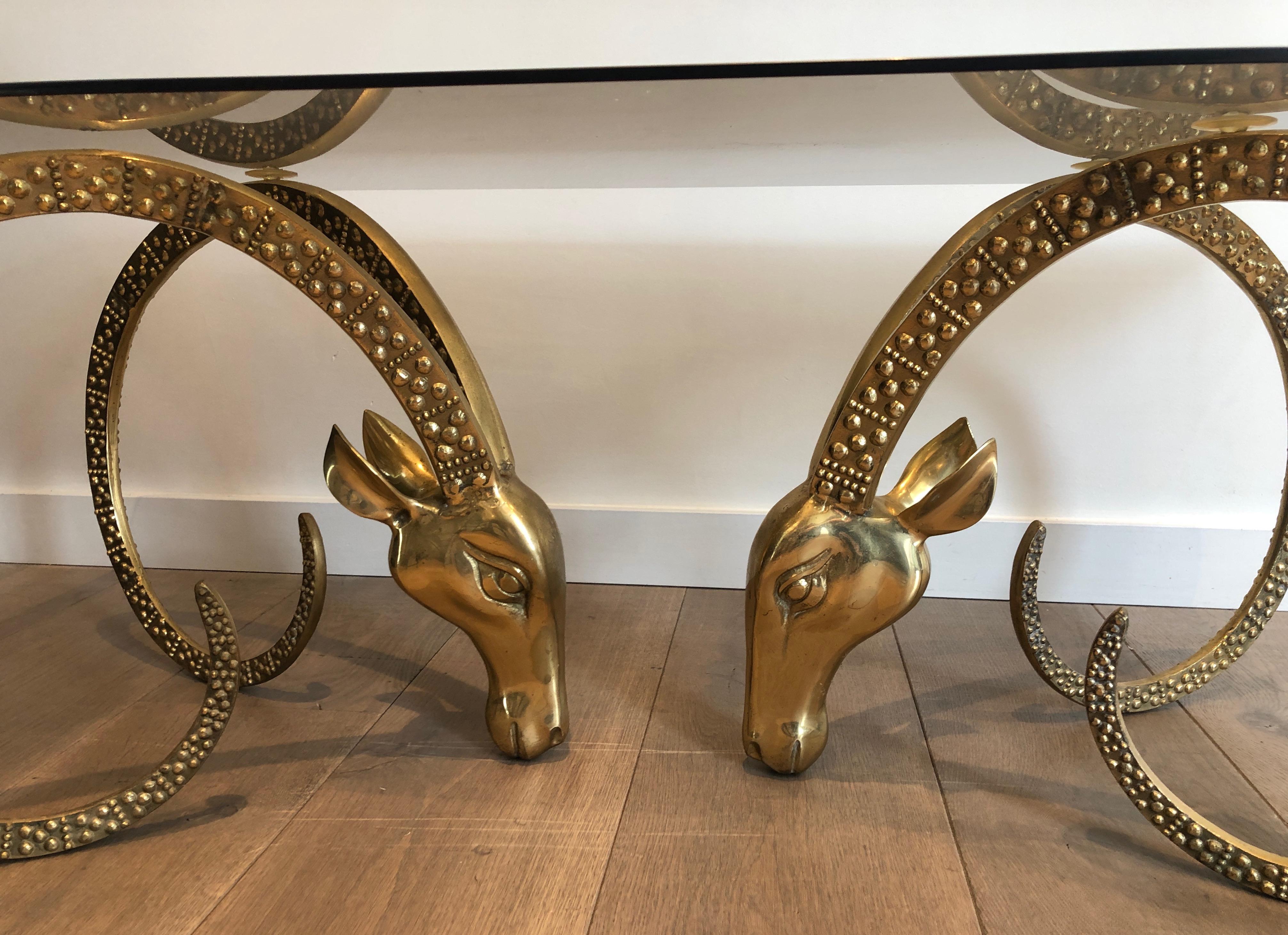 Bronze Coffee Table Representing 2 Ibex Heads, French Work by Alain Chervet, Cir In Good Condition In Marcq-en-Barœul, Hauts-de-France
