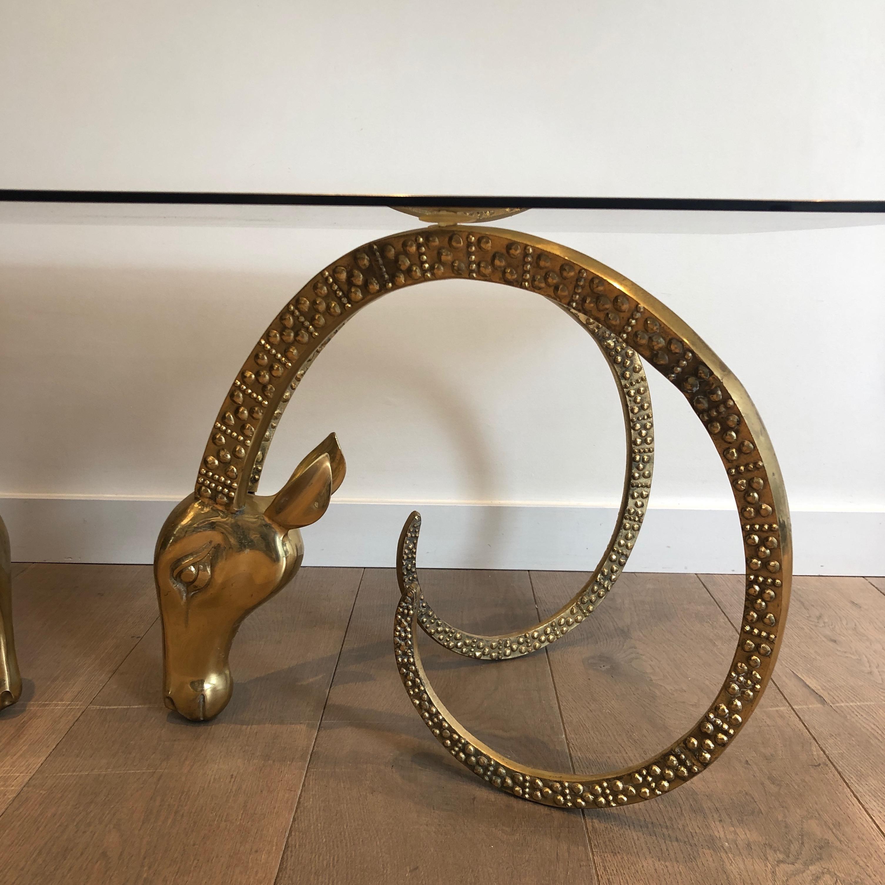 Bronze Coffee Table Representing 2 Ibex Heads, French Work by Alain Chervet, Cir 1