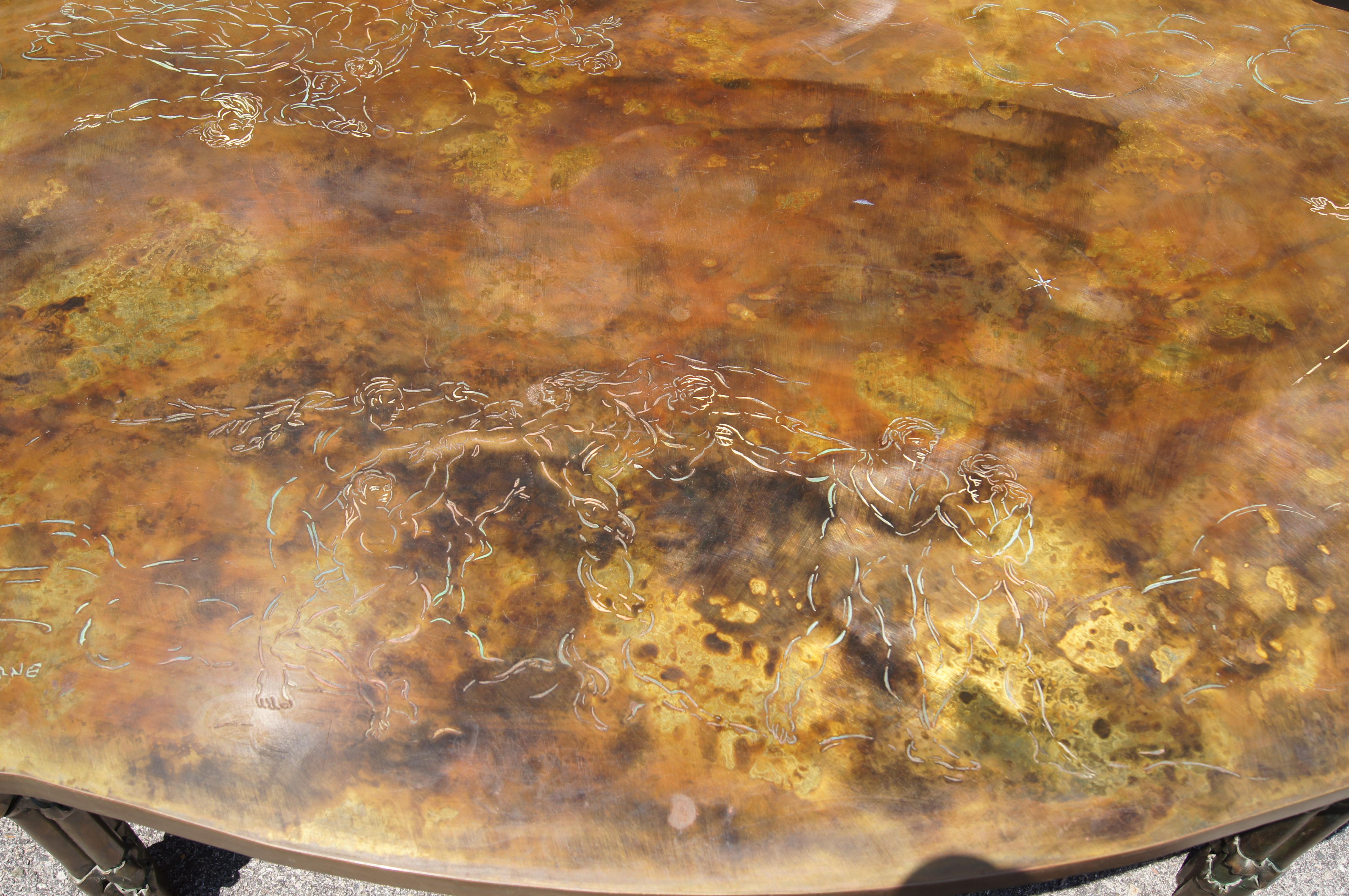 Buriné Table basse en bronze avec scènes bibliques par Philip and Kelvin LaVerne en vente