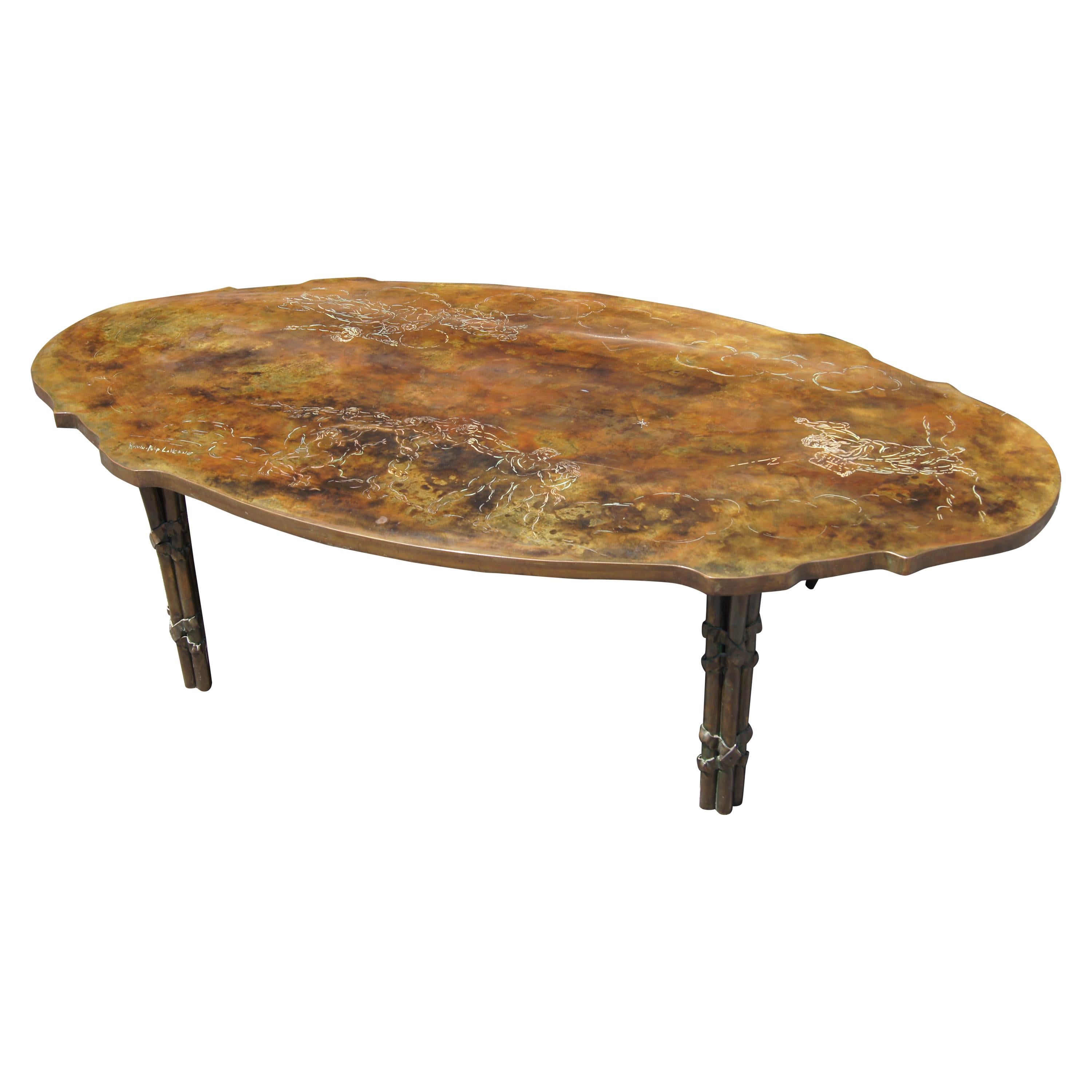 Table basse en bronze avec scènes bibliques par Philip and Kelvin LaVerne en vente