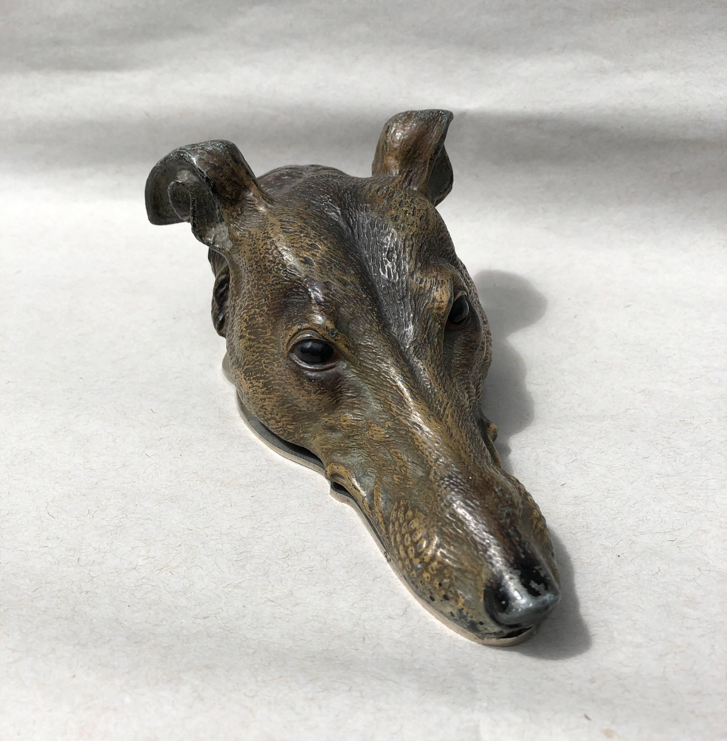 Victorian cold painted bronze hound's head-form letter clip.