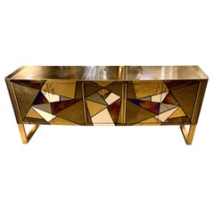 Bronze Color and Multicolored Opaline Glass Credenza with Brass Inlays, 1980s