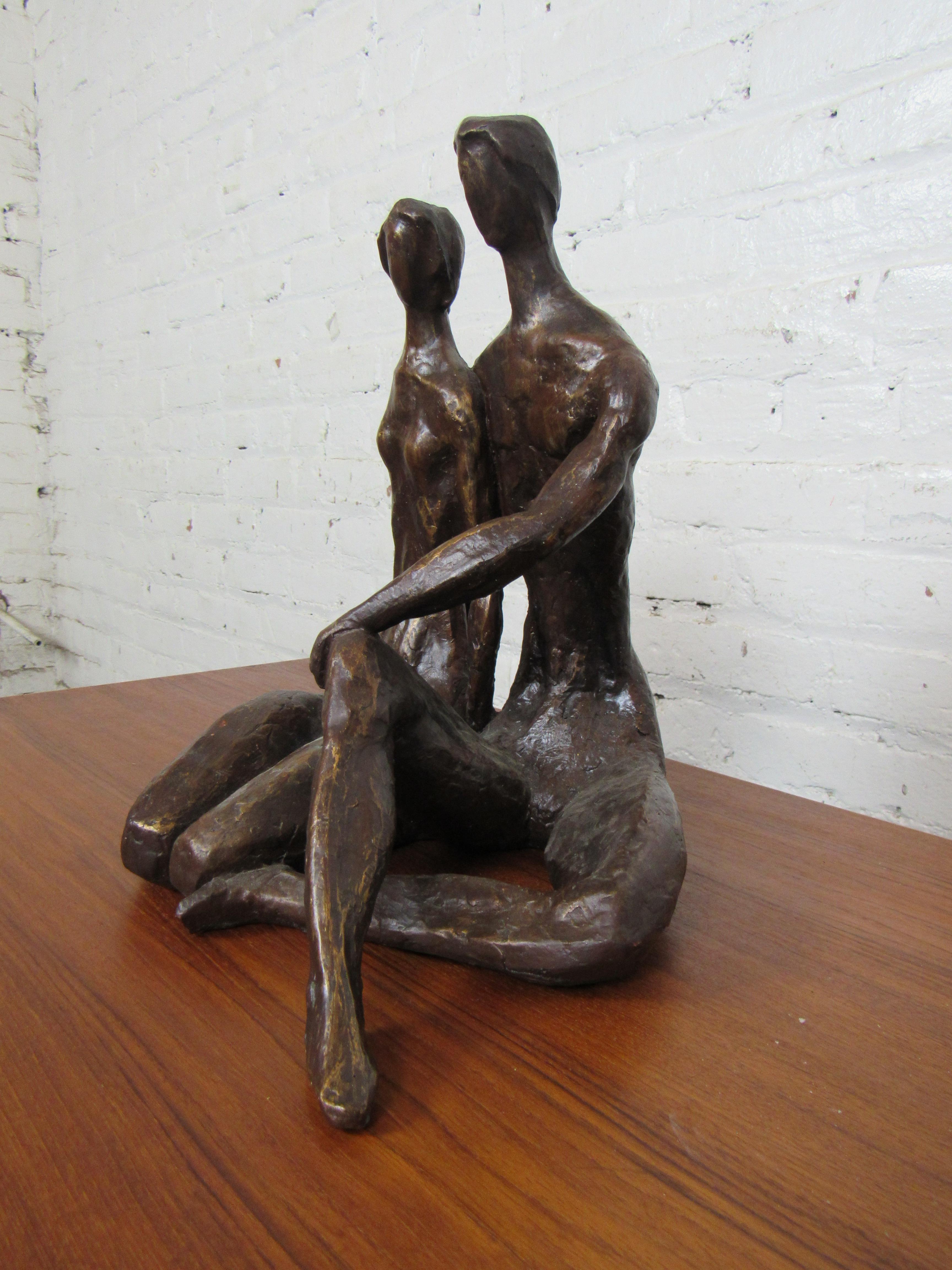 Expressionist Bronze Colored Sculpture of Seated Couple