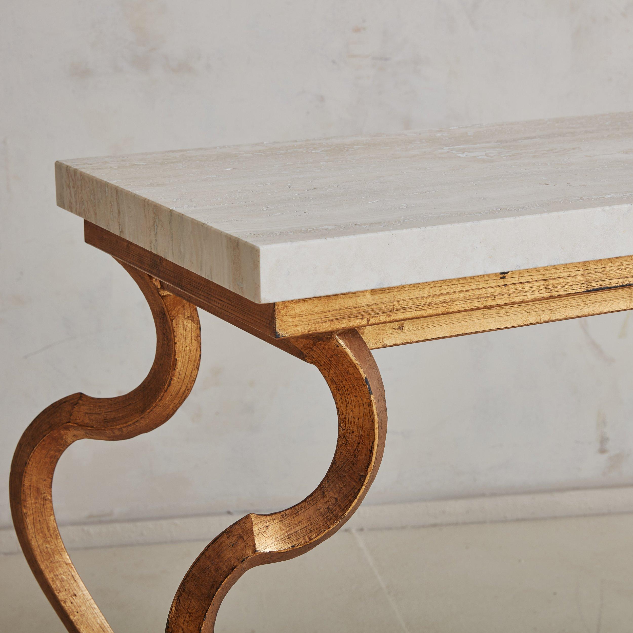 Bronze Console Table with Travertine Top, France 20th Century In Good Condition For Sale In Chicago, IL