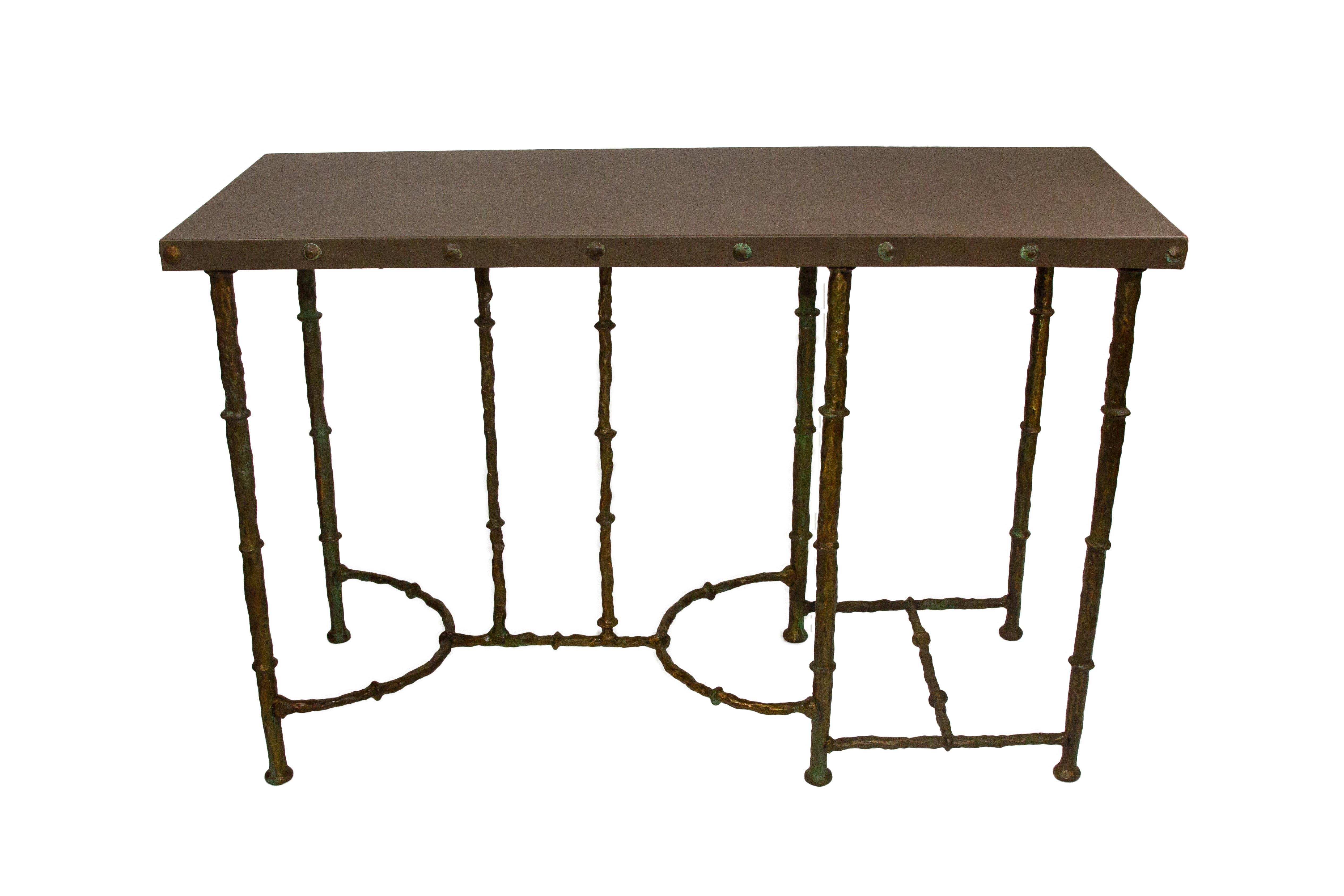 Organic Modern Bronze Console with Brown or Black Leather Top For Sale