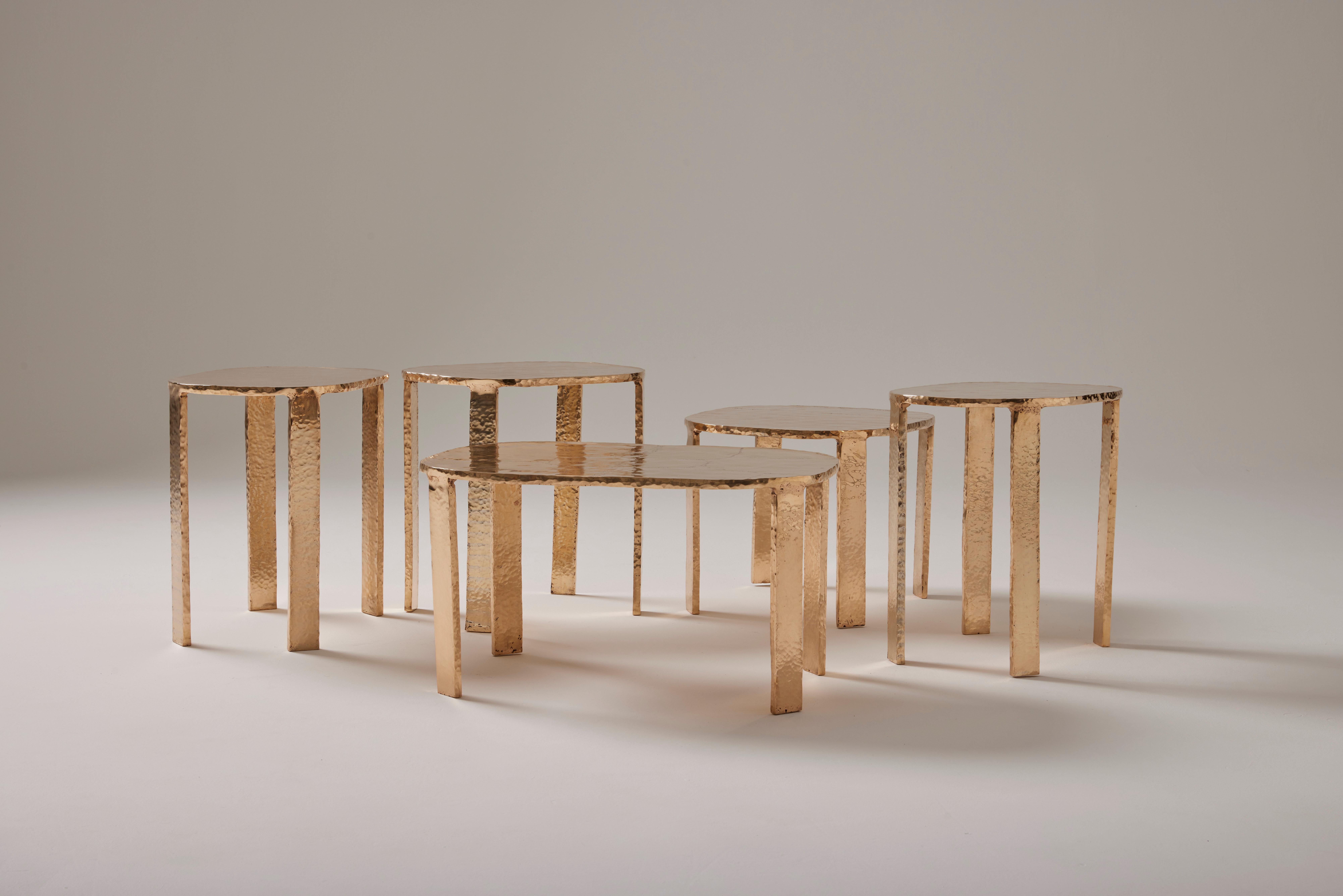 Aurea Table by Colo Studio
Material: Bronze, golden polish
Dimensions: 
o small: H 42 x 31 x 40 cm
o medium: H 33 40 x 45 cm
o large: H 33 x 40 x 60 cm
Year: 2024
Made in France

Merging imagery of the domestic, the decorative and the sculptural,