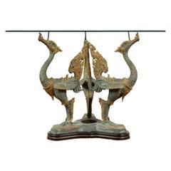 Bronze Contemporary Triple Dragon Table Base with Verde Patina and Gilt Accents