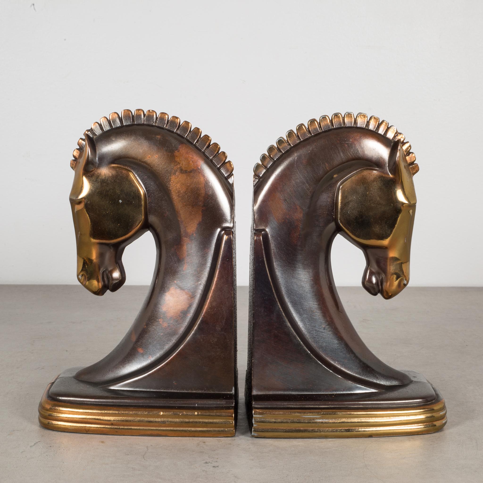 Art Deco Bronze & Copper Plated Machine Age Trojan Horse Bookends by Dodge, circa 1930s