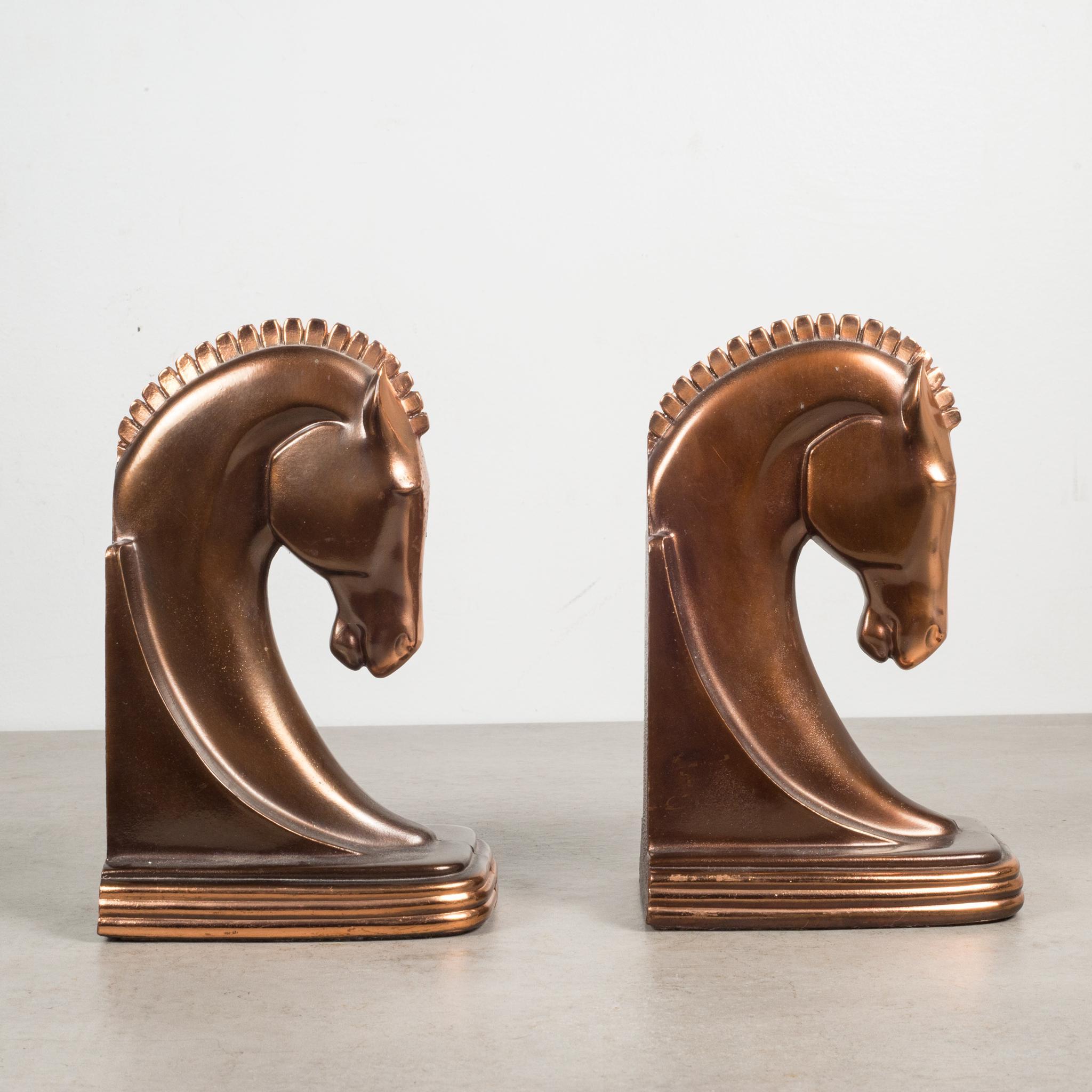 20th Century Bronze & Copper Plated Machine Age Trojan Horse Bookends by Dodge, circa 1930s