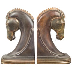 Antique Bronze & Copper Plated Machine Age Trojan Horse Bookends by Dodge, circa 1930s