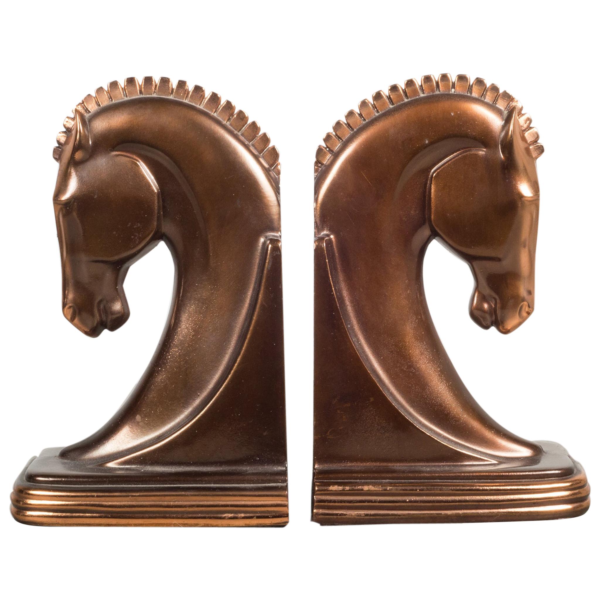 Bronze & Copper Plated Machine Age Trojan Horse Bookends by Dodge, circa 1930s