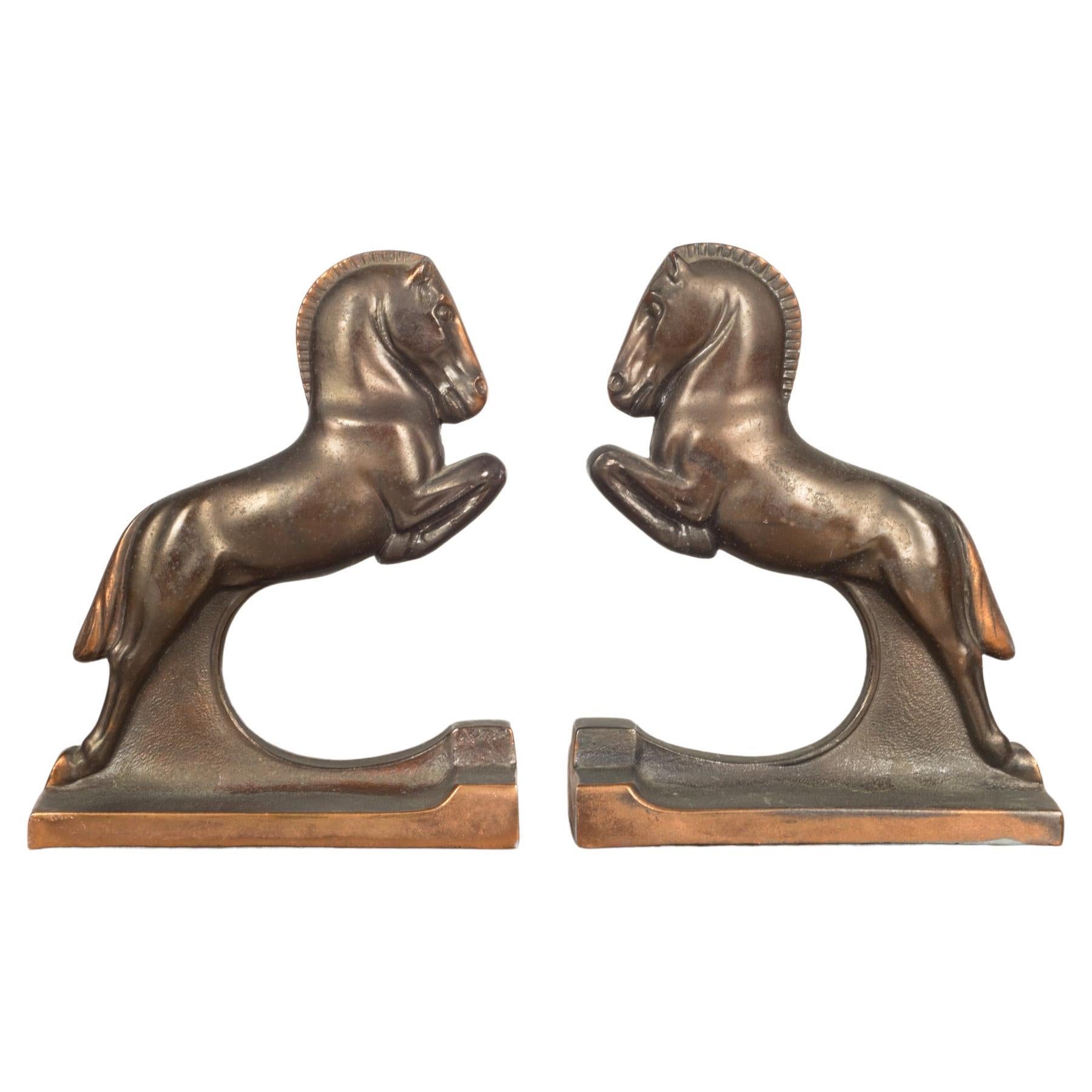 Bronze & Copper Plated Trojan Jumping Horse Bookends by Dodge c.1930