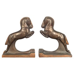 Bronze & Copper Plated Trojan Jumping Horse Bookends by Dodge c.1930