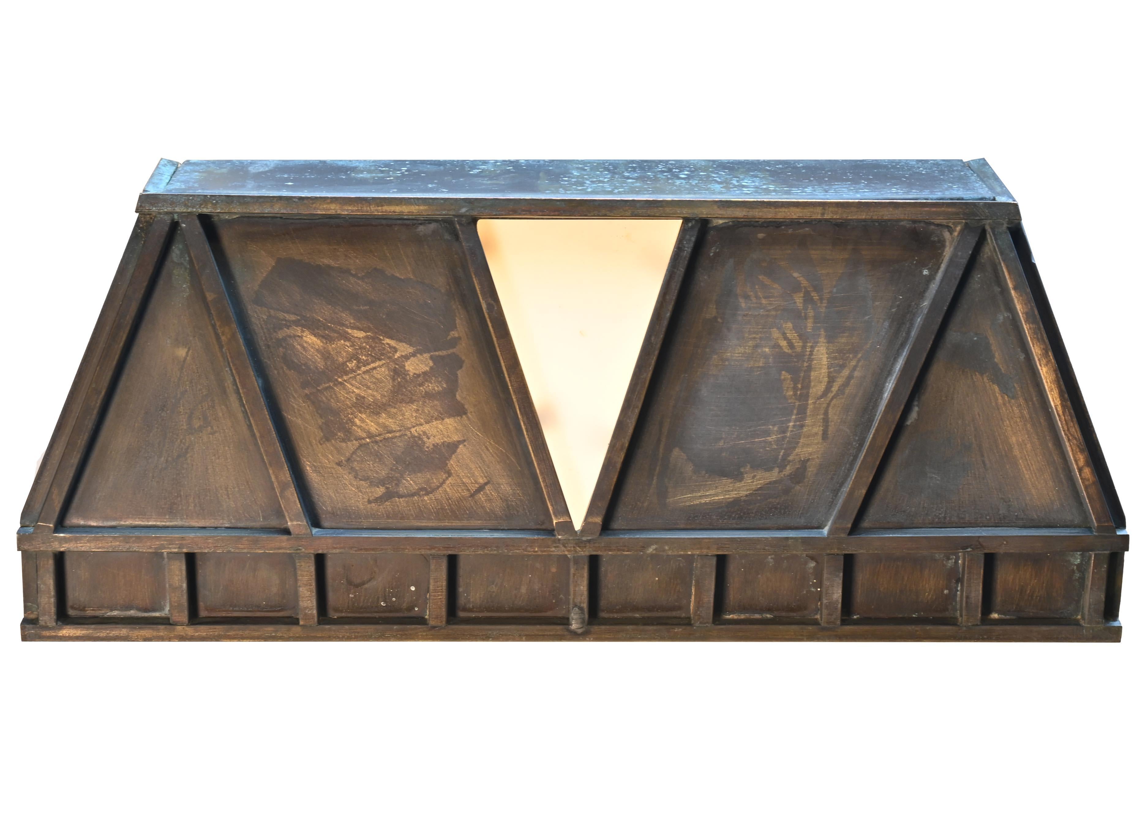 Condition: Age consistent, clean & illuminating,
circa 1940s
Material: Brass or bronze, sheet copper, stained glass
Finish: Original with patina
Country of origin: USA
Illumination: Two Edison socket 

Fixture dimensions (as shown): 14 1/2”