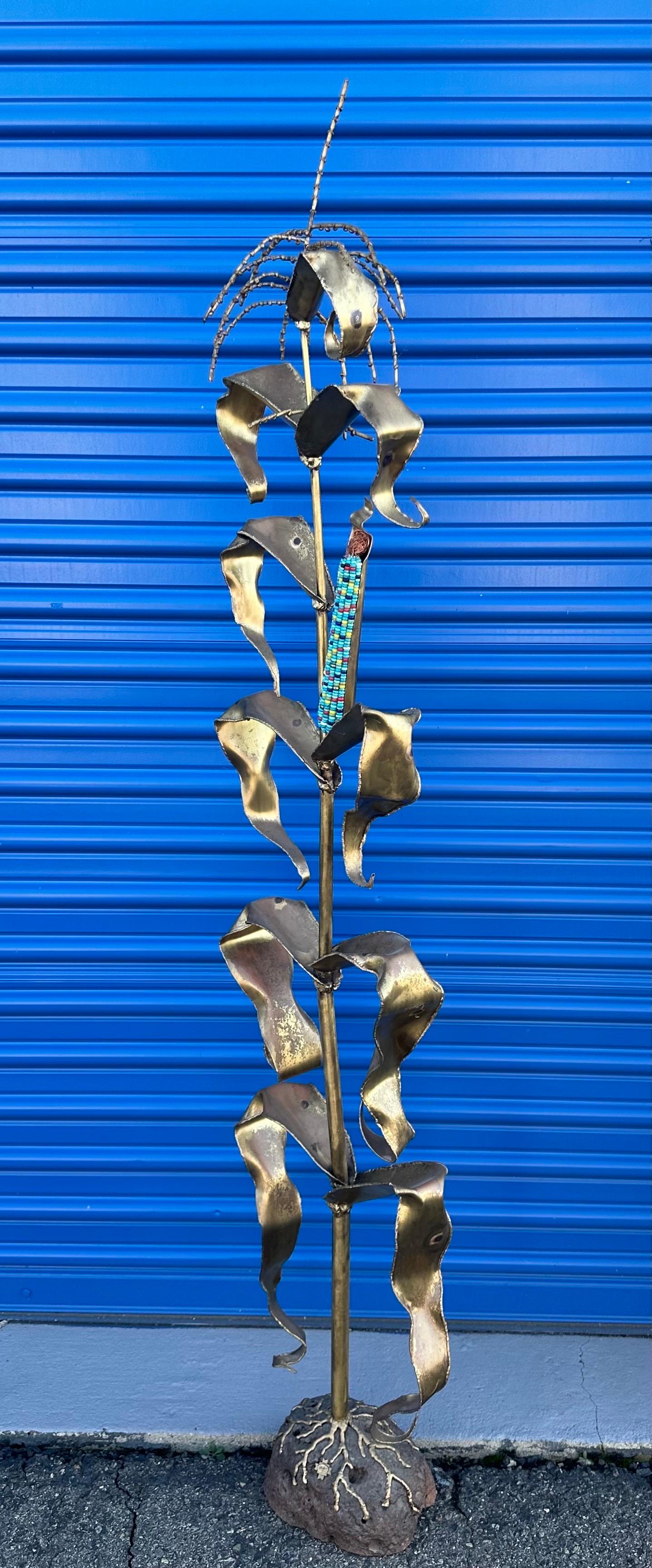 Bronze Corn Stalk with Turquoise Ear Sculpture by Charles Pratt In Good Condition For Sale In San Diego, CA