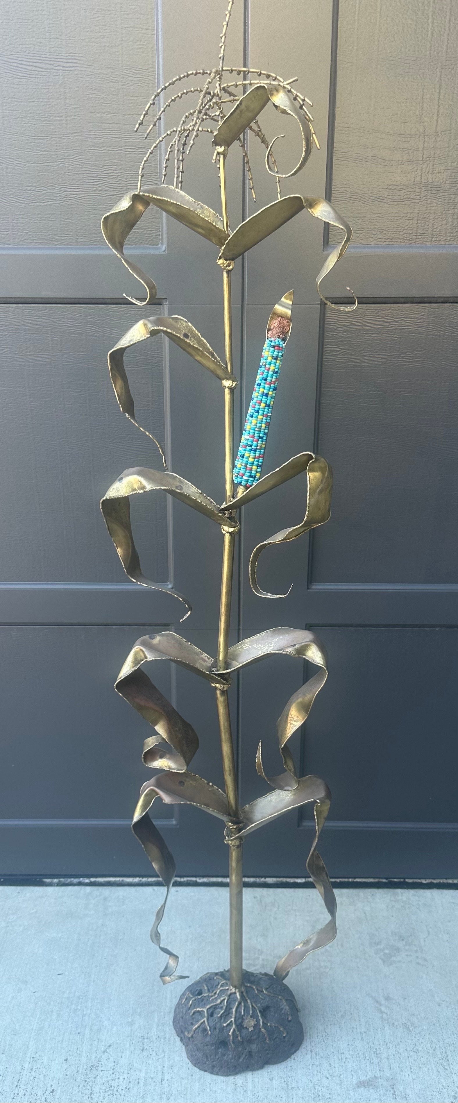 Bronze Corn Stalk with Turquoise Ear Sculpture by Charles Pratt For Sale 1
