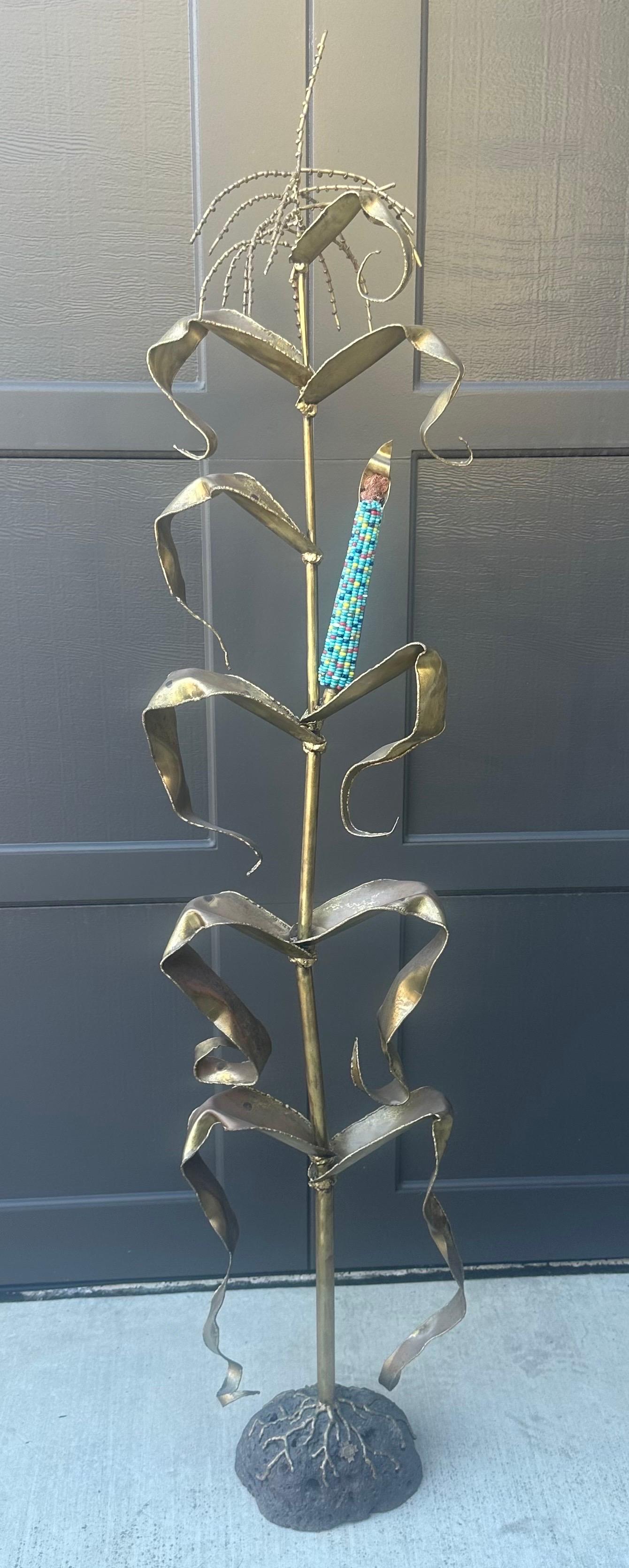 Bronze Corn Stalk with Turquoise Ear Sculpture by Charles Pratt For Sale 2