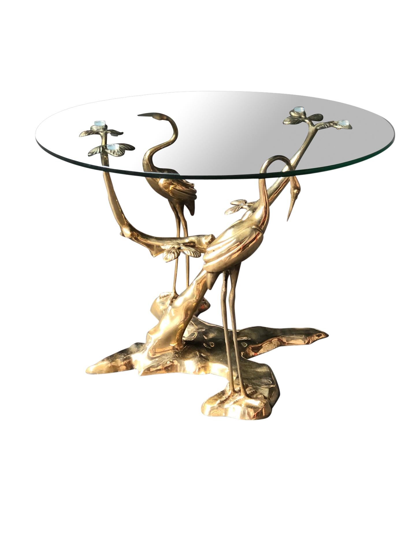 Bronze coffee table by Willy Daro depicting a bonzai tree and two crane birds.

Beautifully manufactured sculpture, comes with a round glass top.

Slight patina, no damages, 

1970s, Belgium

Dimensions:
Height 78cm/30.70