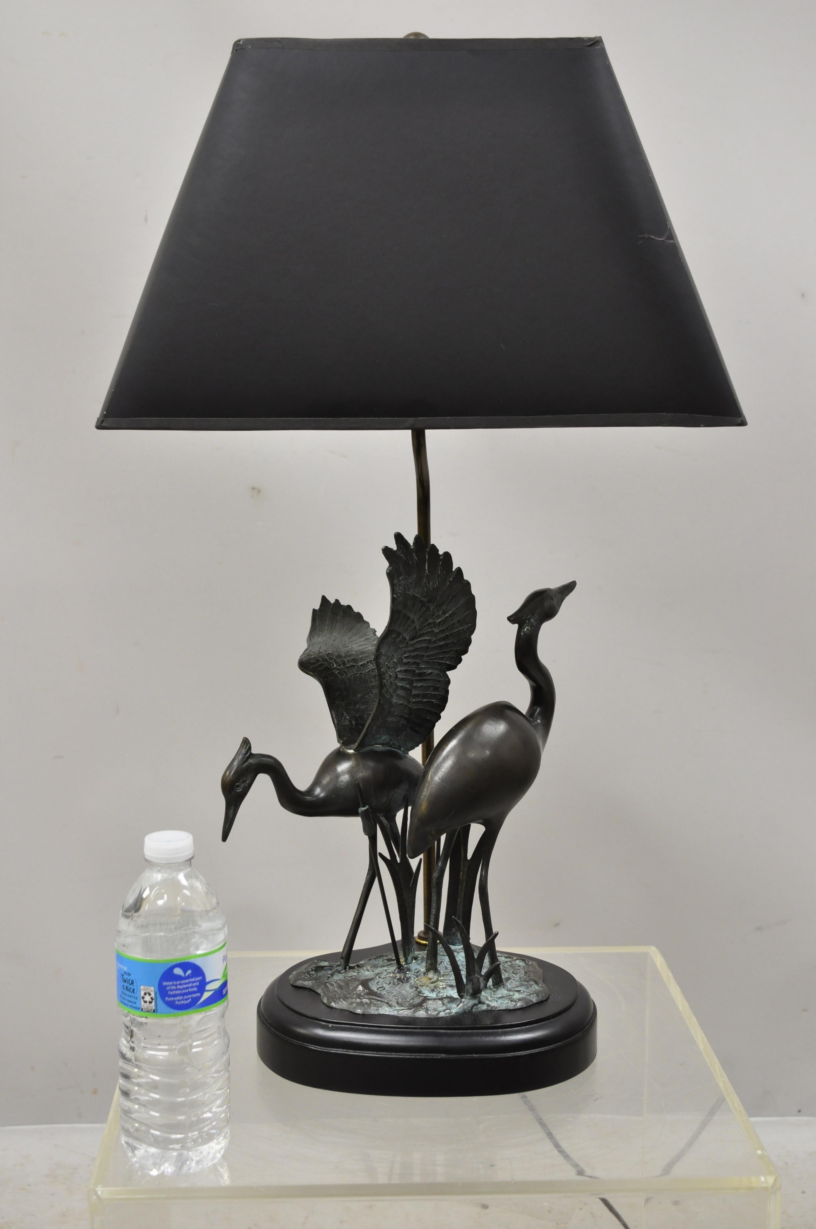 Bronze Crane Bird Figures Oriental Chinese Style Table Lamp with Black Shade 2
