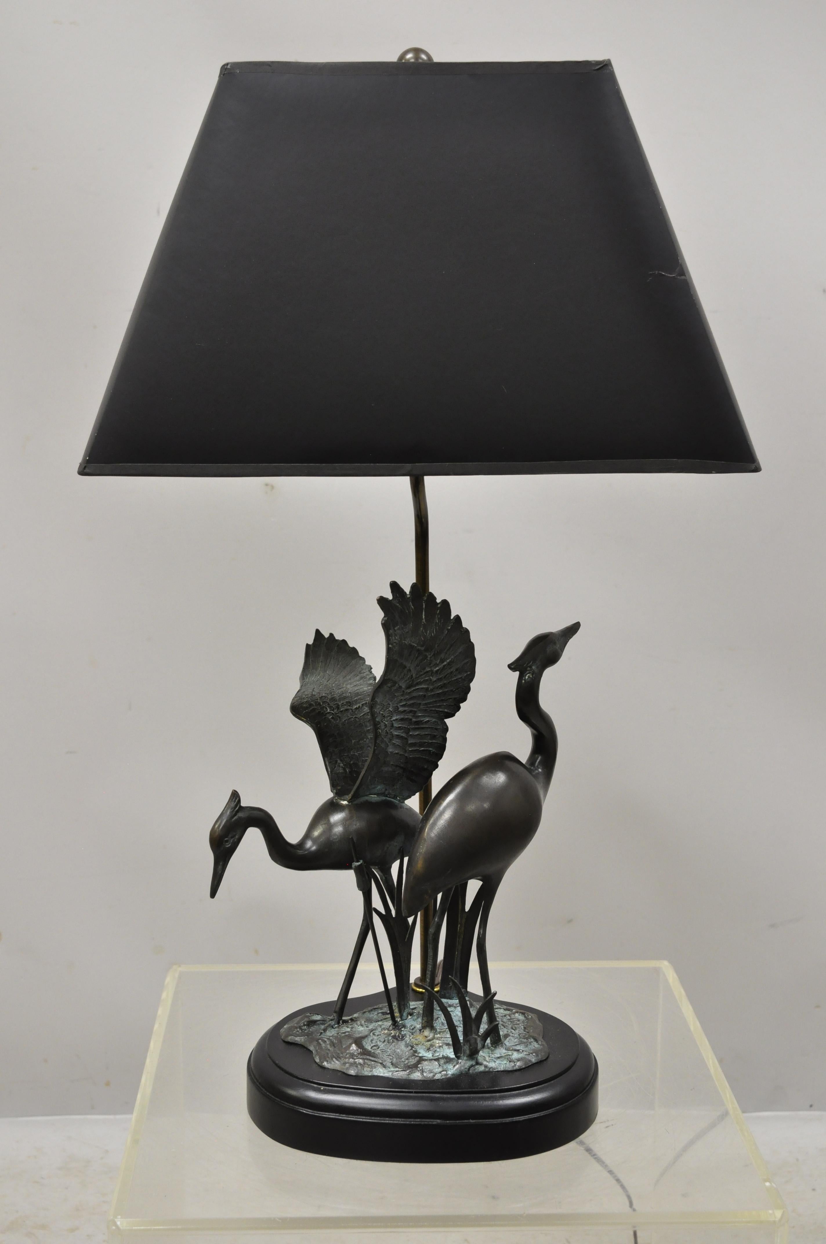 Bronze Crane Bird Figures Oriental Chinese Style Table Lamp with Black Shade 3