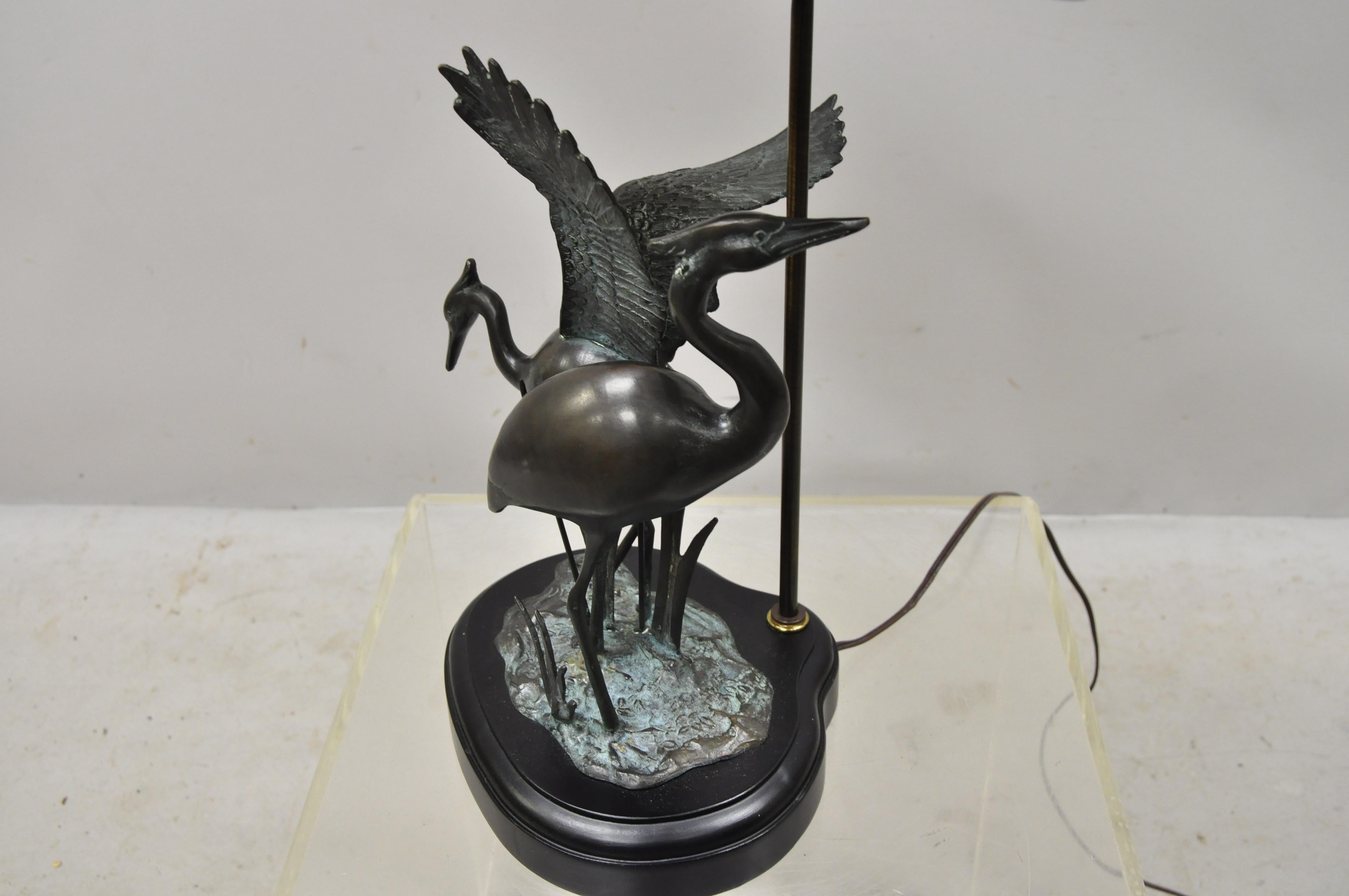 20th Century Bronze Crane Bird Figures Oriental Chinese Style Table Lamp with Black Shade