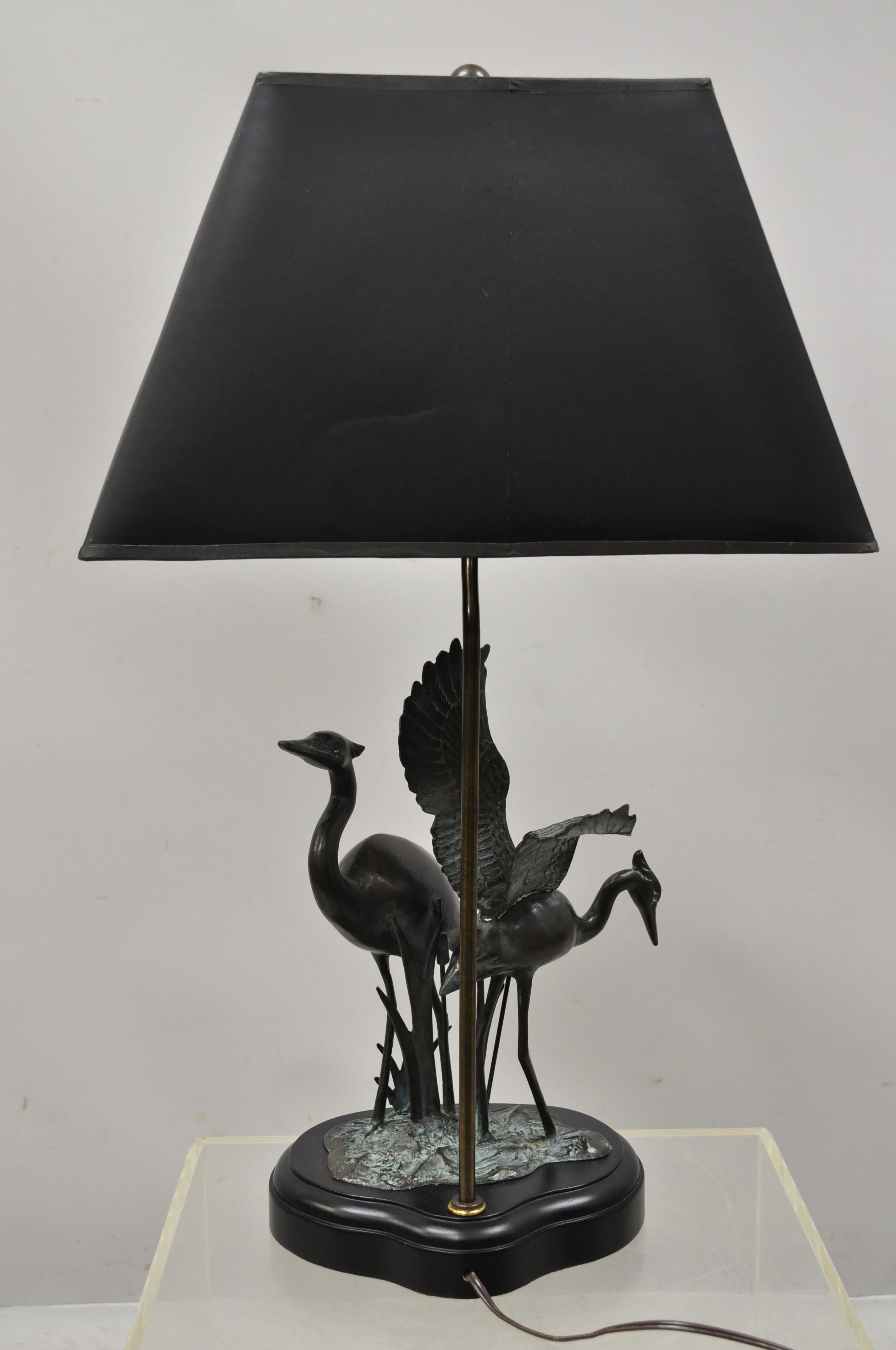 Bronze Crane Bird Figures Oriental Chinese Style Table Lamp with Black Shade 1