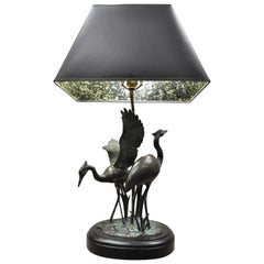 Bronze Crane Bird Figures Oriental Chinese Style Table Lamp with Black Shade