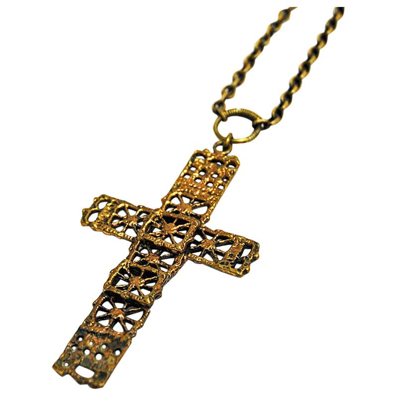 Bronze Cross Necklace by Pentti Sarpaneeva, Finland, 1970s