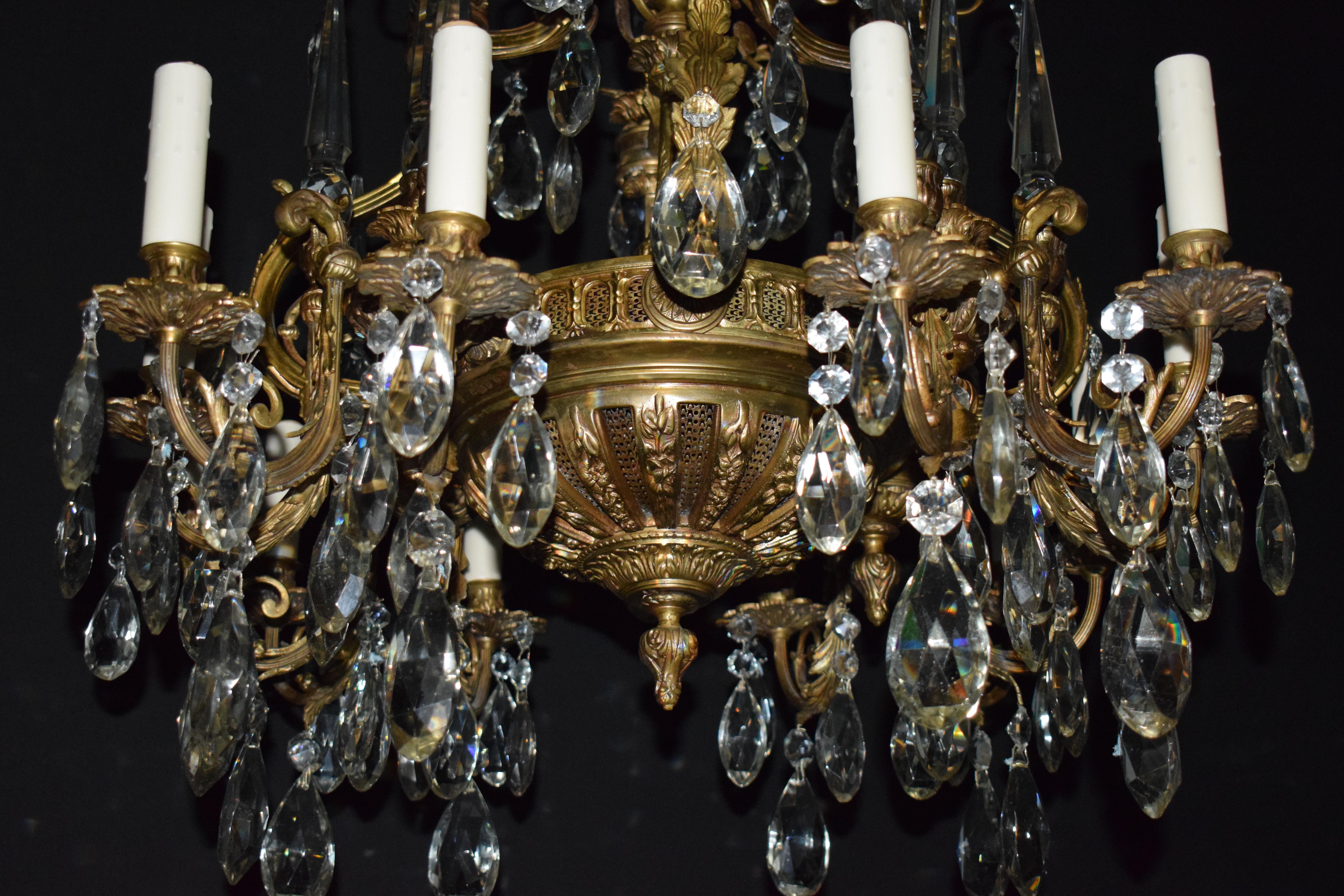 20th Century Gilt Bronze & Crystal Neo Classical Chandelier For Sale