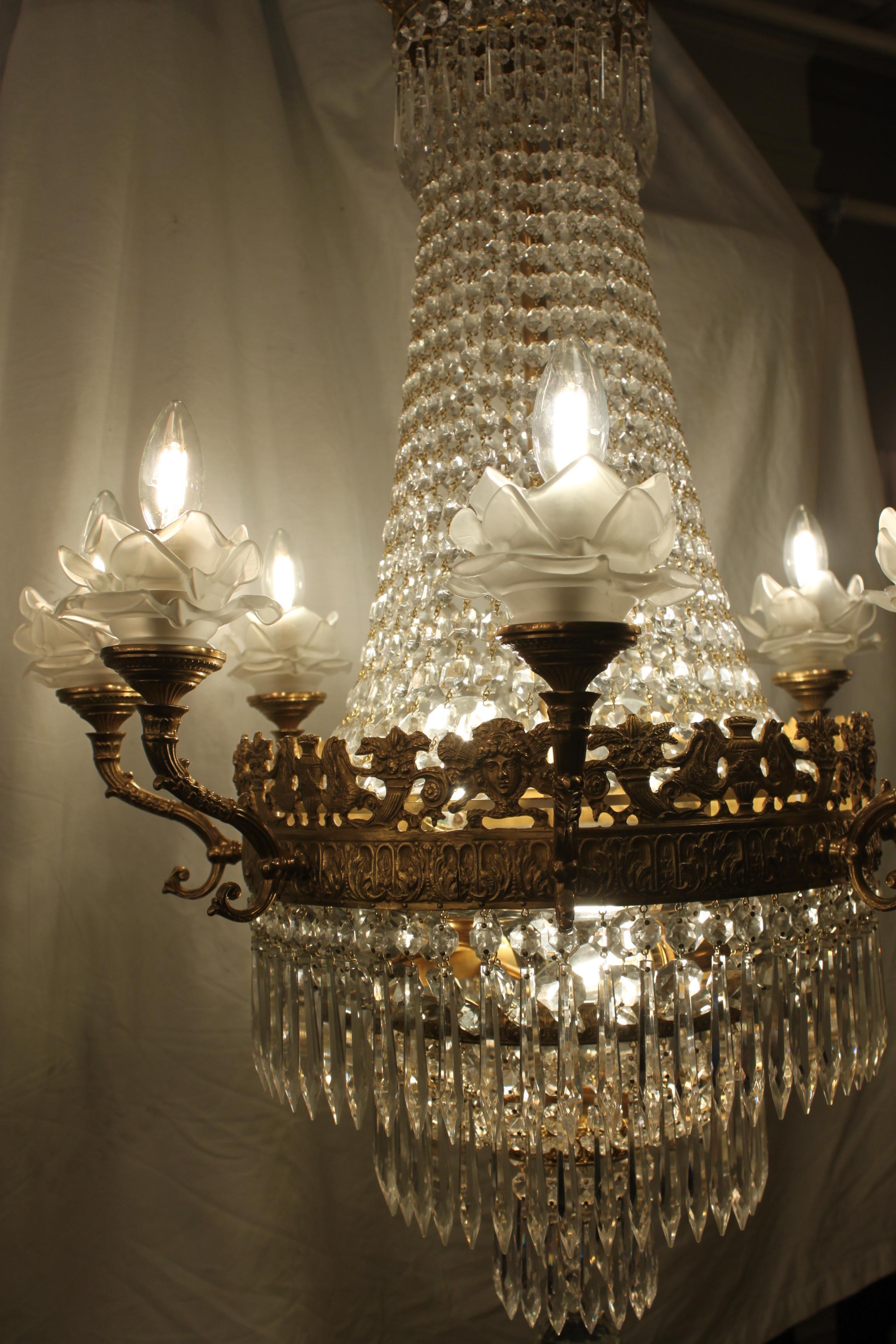 French Bronze and Crystal Chandelier with Lalique Style Rose Petal Candle Surrounds