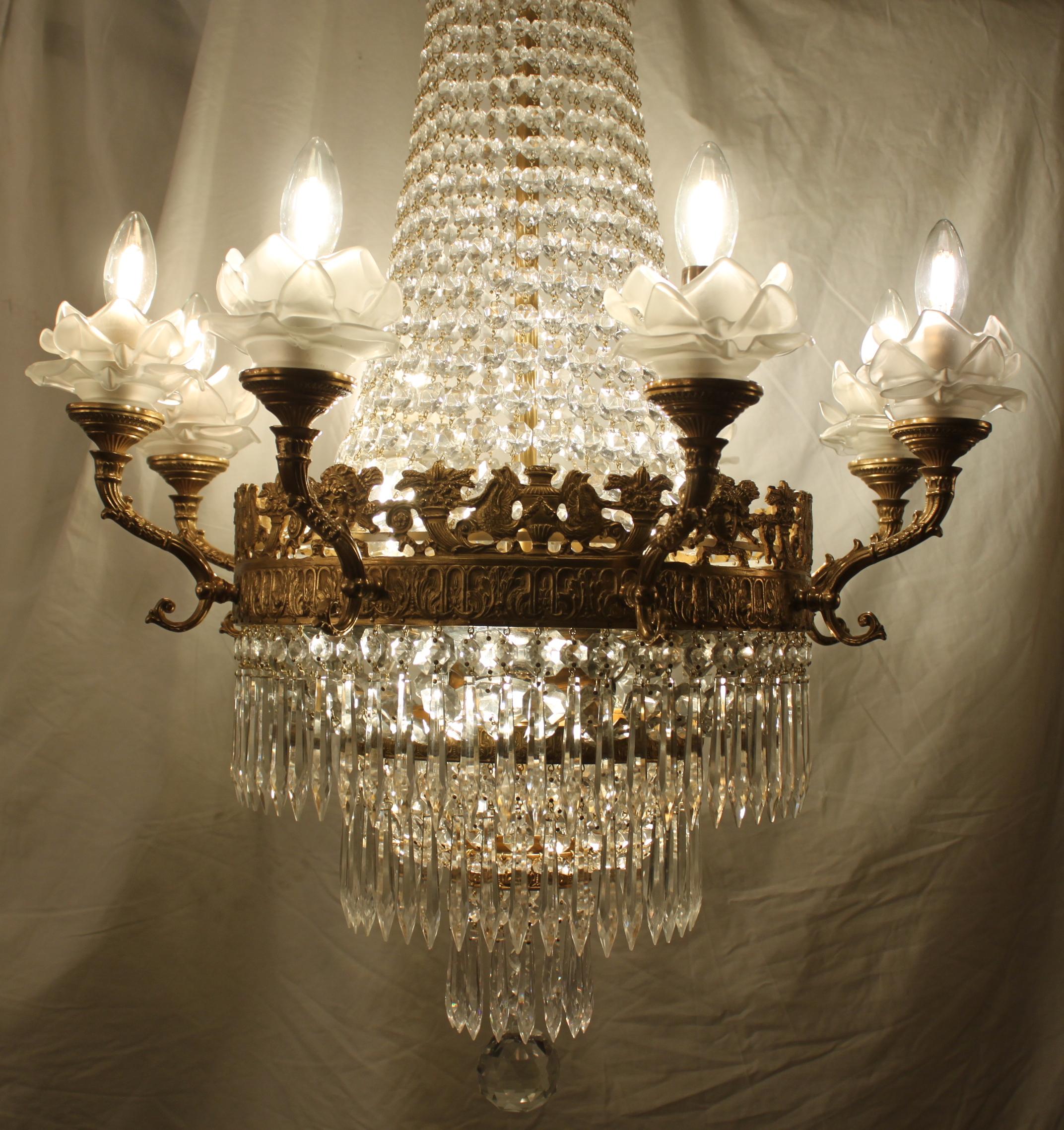 Bronze and Crystal Chandelier with Lalique Style Rose Petal Candle Surrounds 2