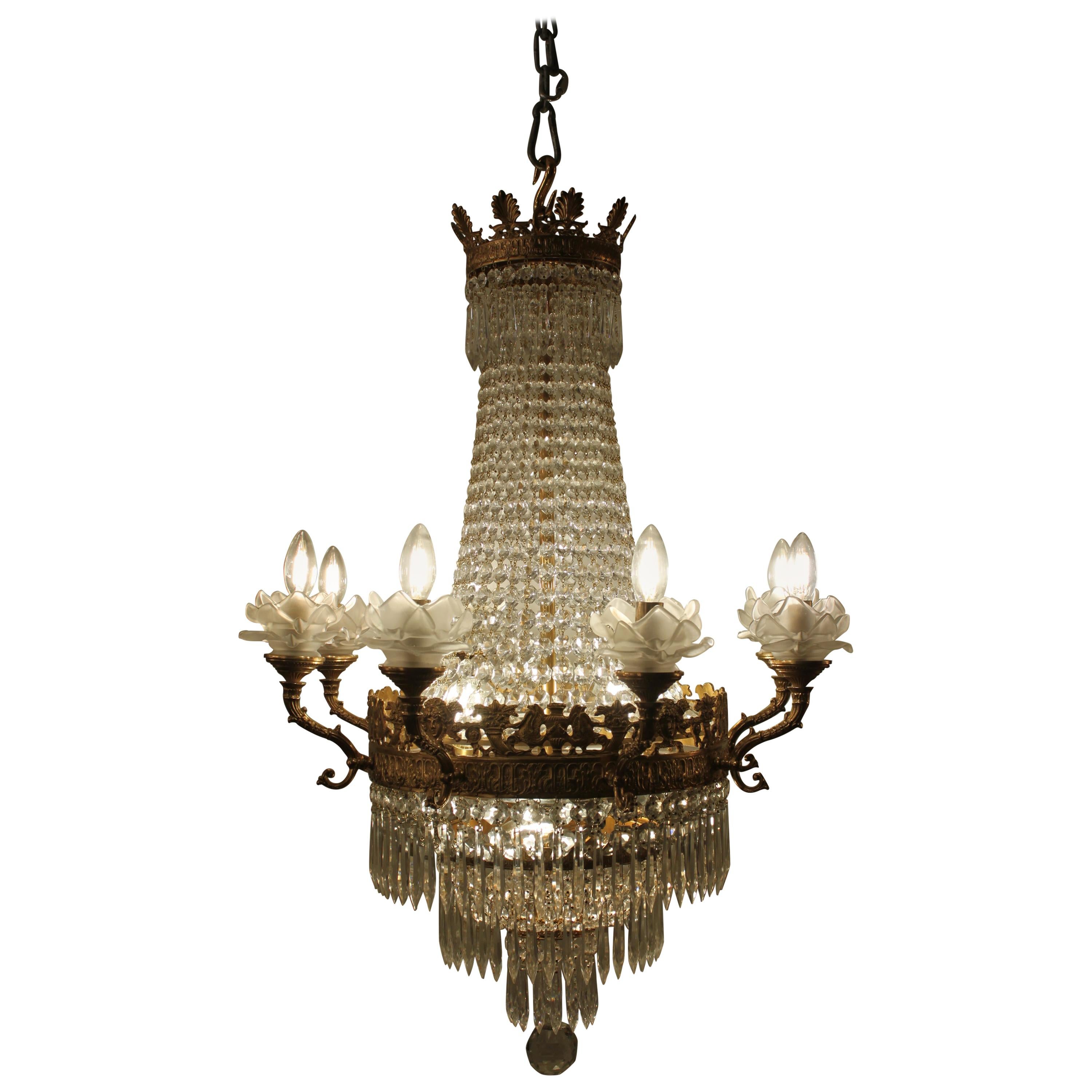 Bronze and Crystal Chandelier with Lalique Style Rose Petal Candle Surrounds