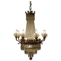 Bronze and Crystal Chandelier with Lalique Style Rose Petal Candle Surrounds