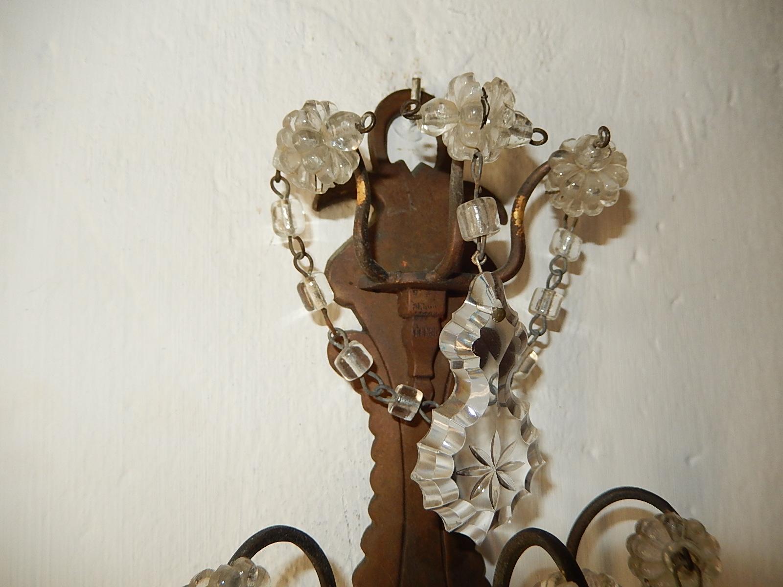 Early 20th Century Bronze Crystal Swags and Stars Prisms French Sconces, circa 1900 For Sale