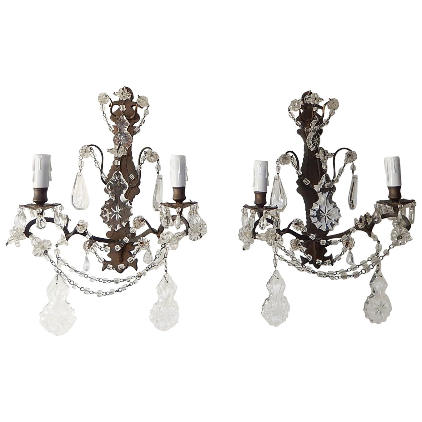 Bronze Crystal Swags and Stars Prisms French Sconces, circa 1900 For Sale