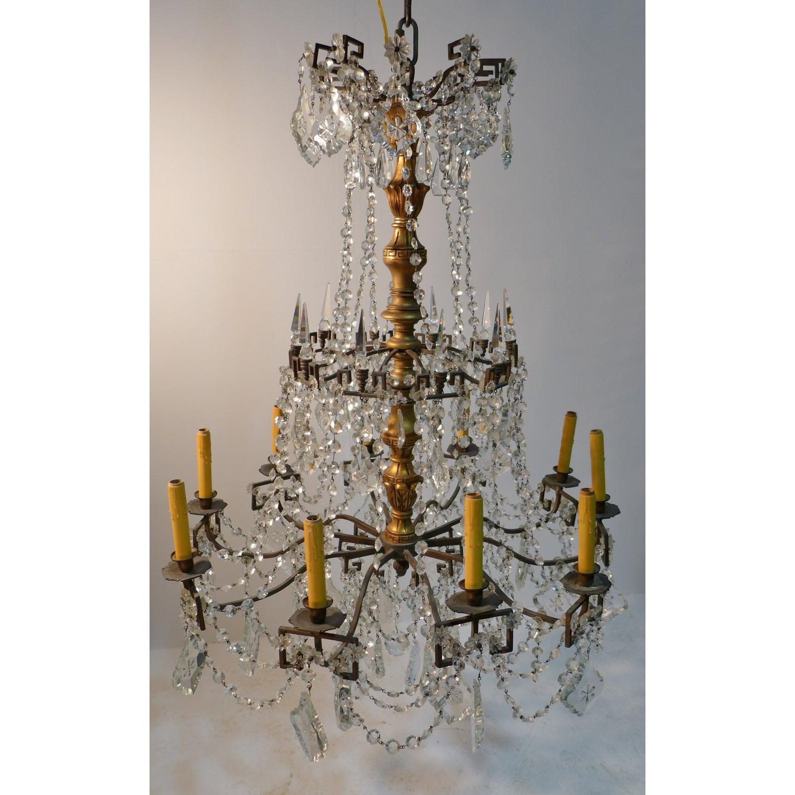 Neoclassical Bronze, Crystal & Gilt Wood Regency Style Chandelier For Sale