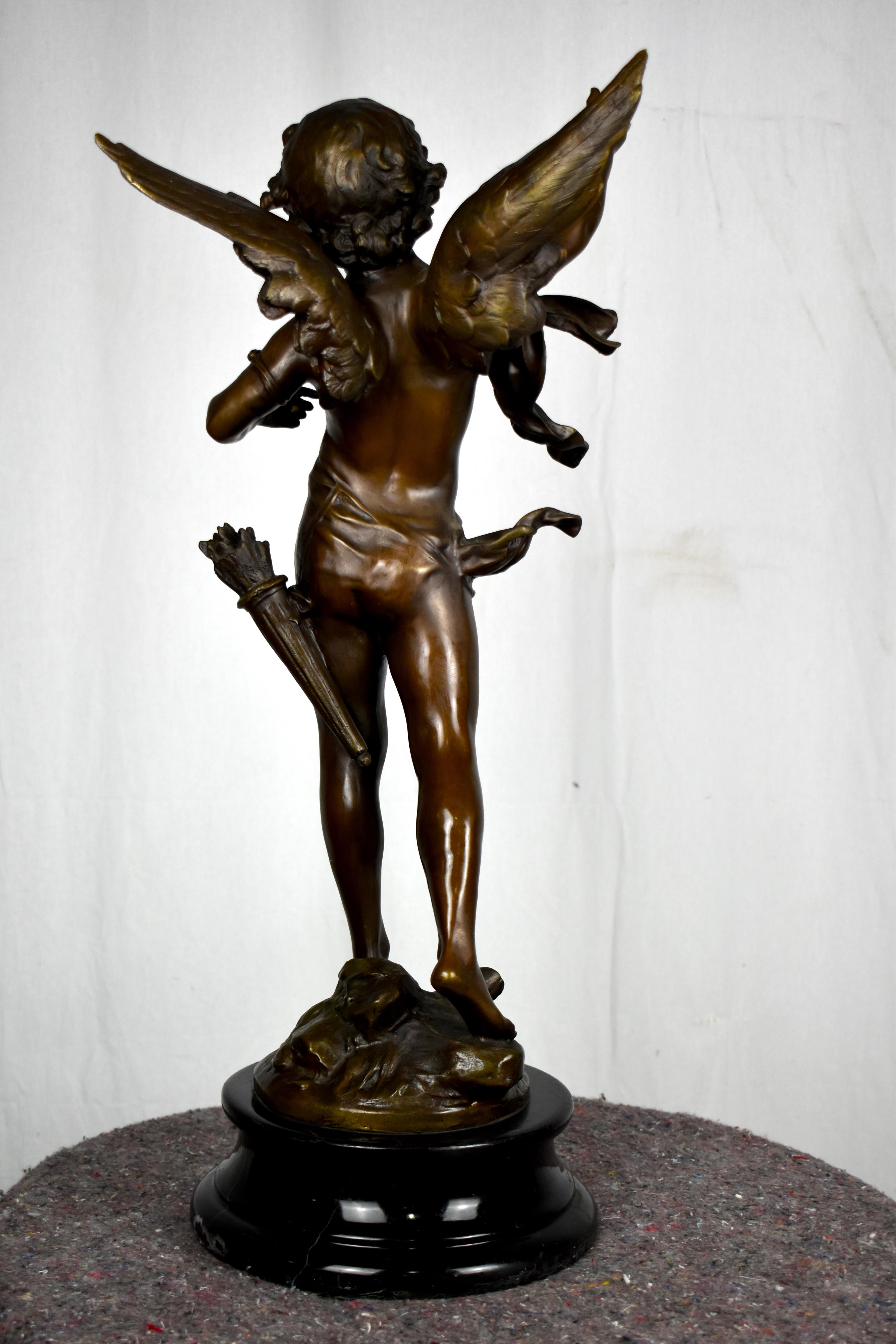 20th Century Bronze Cupid Statue on Marble Base For Sale