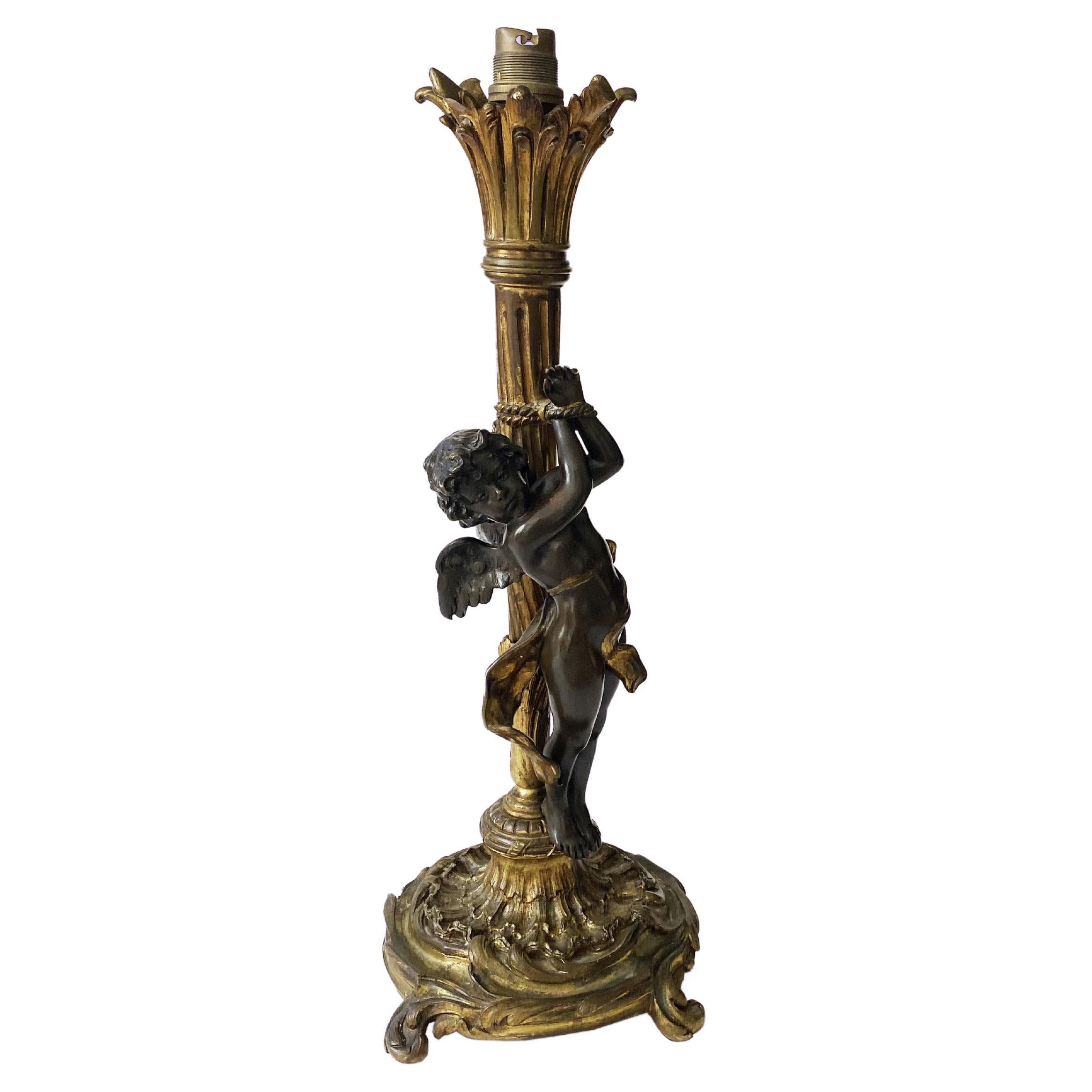 Bronze Cupido Cherub Lamp in the style of Denise Delavigne or Auguste Moreau. For Sale