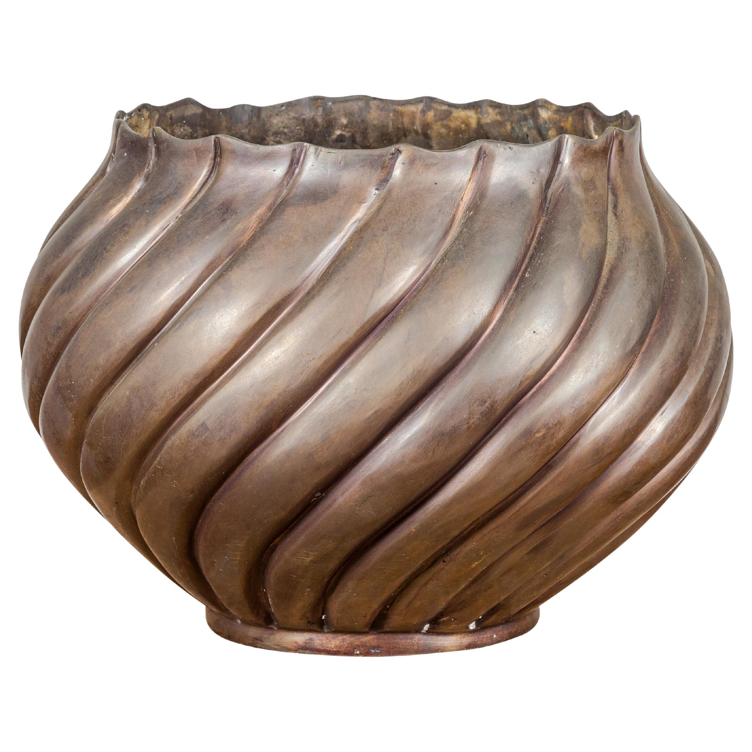 Bronze Cylindrical Urn with Wave Motifs and Scalloped Opening, Pair Available For Sale