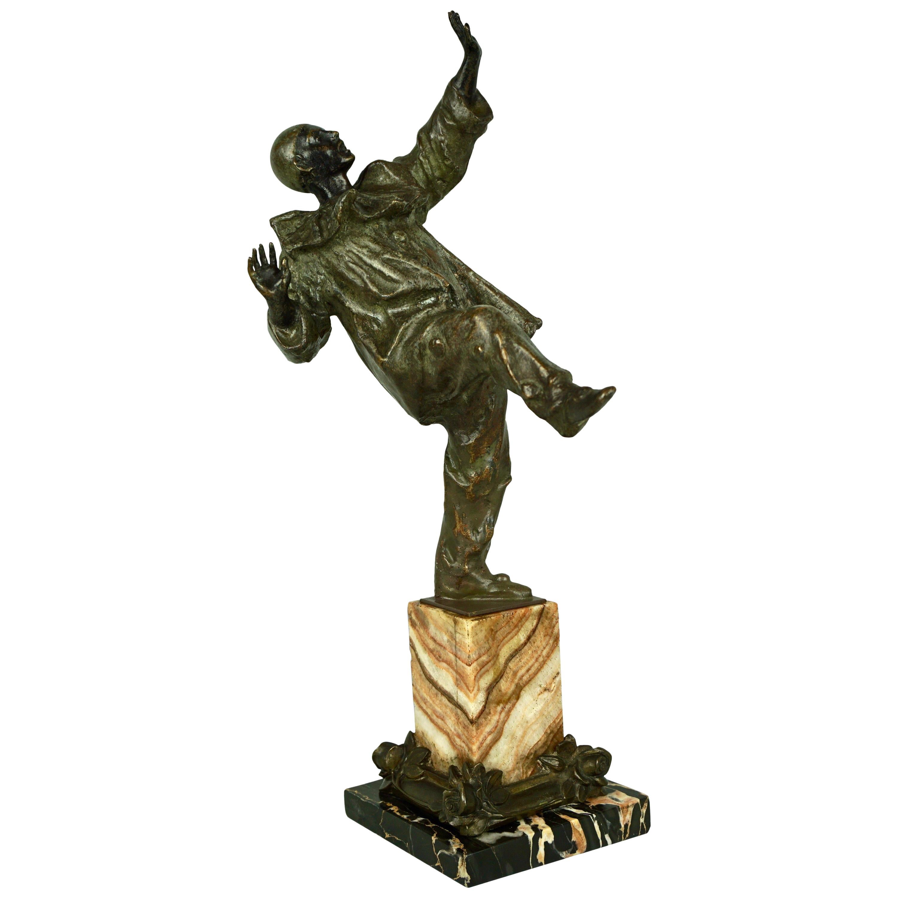 Bronze Dancing Harlequin or Clown Standing on Two Color Marble Base