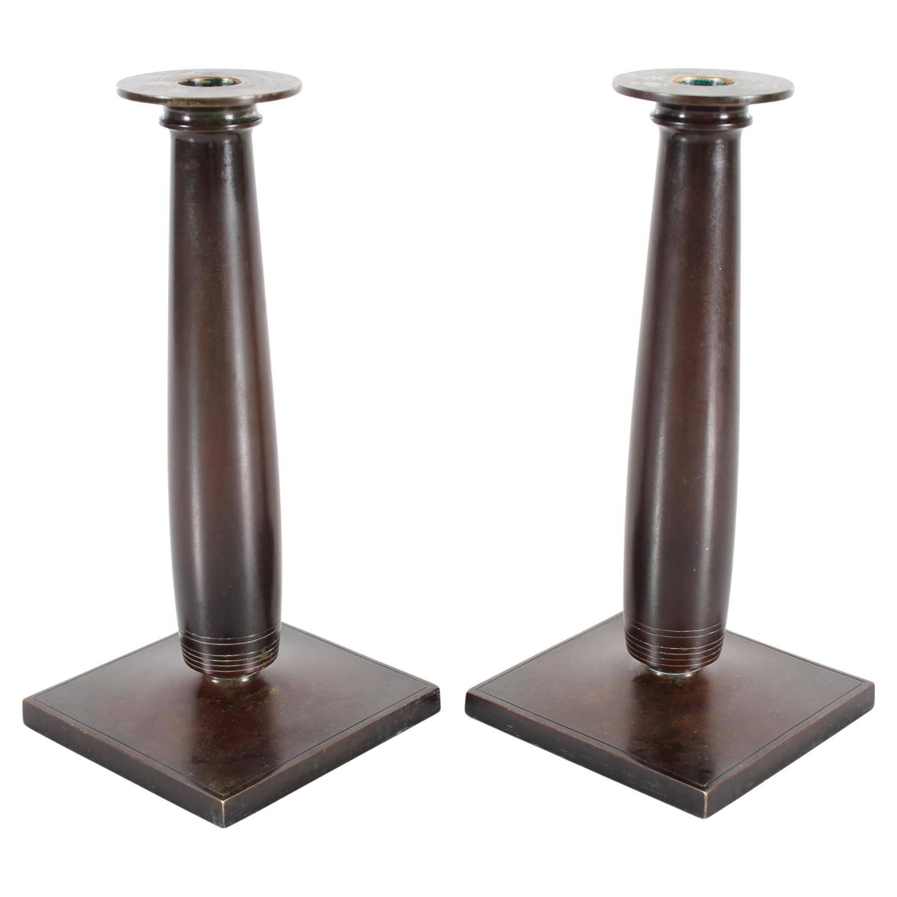 Bronze Danish Just Andersen Pair of Art Deco High Candle Sticks 1930s For Sale