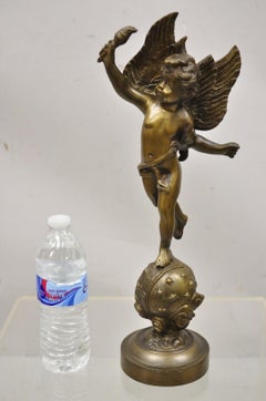 Bronze Decorative 18" Winged Cherub Putty Figure on Celestial Globe