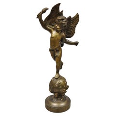 Retro Bronze Decorative 18" Winged Cherub Putty Figure on Celestial Globe
