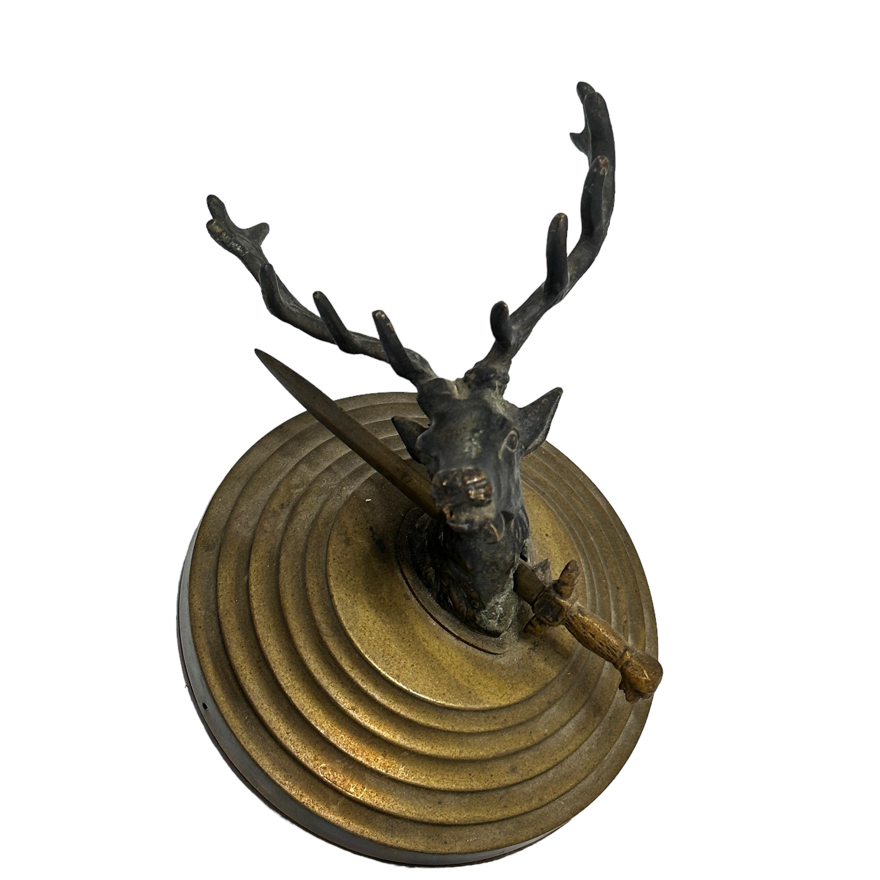 Austrian Bronze Deer Head & Letter Opener Sculpture Paperweight Antique, Austria, 1900s For Sale
