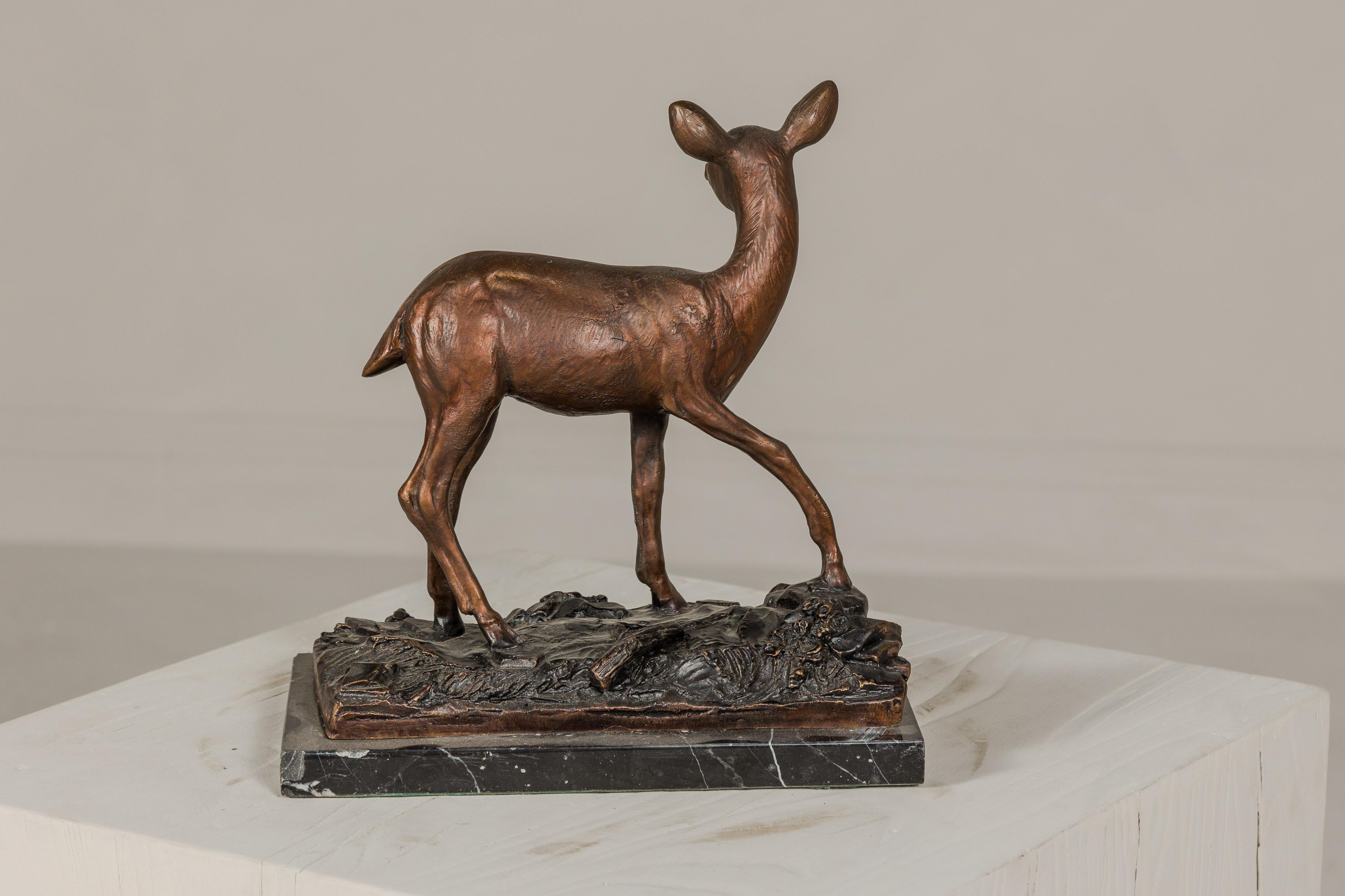 Bronze Deer Sculpture Mounted on Marble and Bronze Textured Base For Sale 5