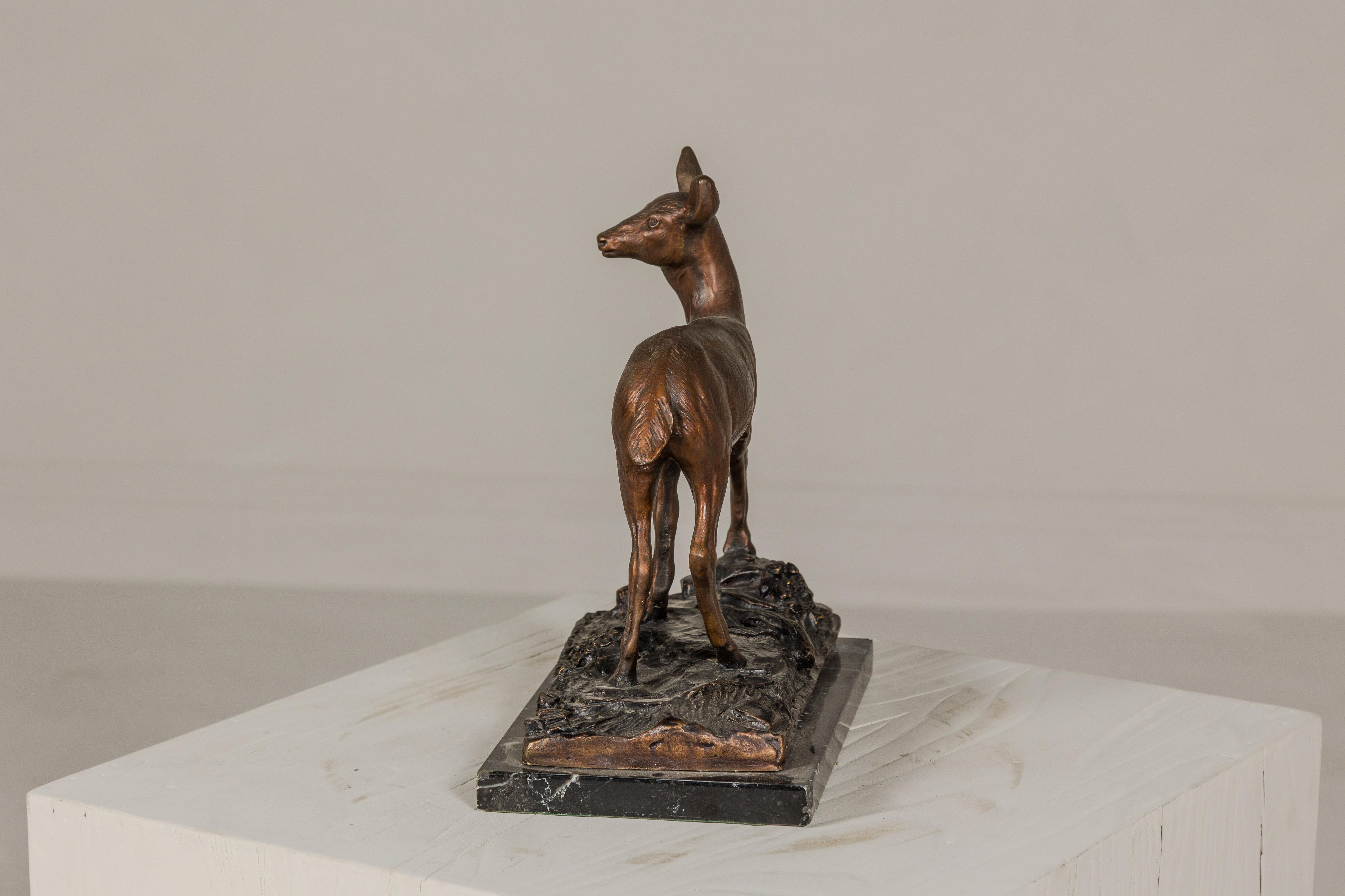 Bronze Deer Sculpture Mounted on Marble and Bronze Textured Base For Sale 6